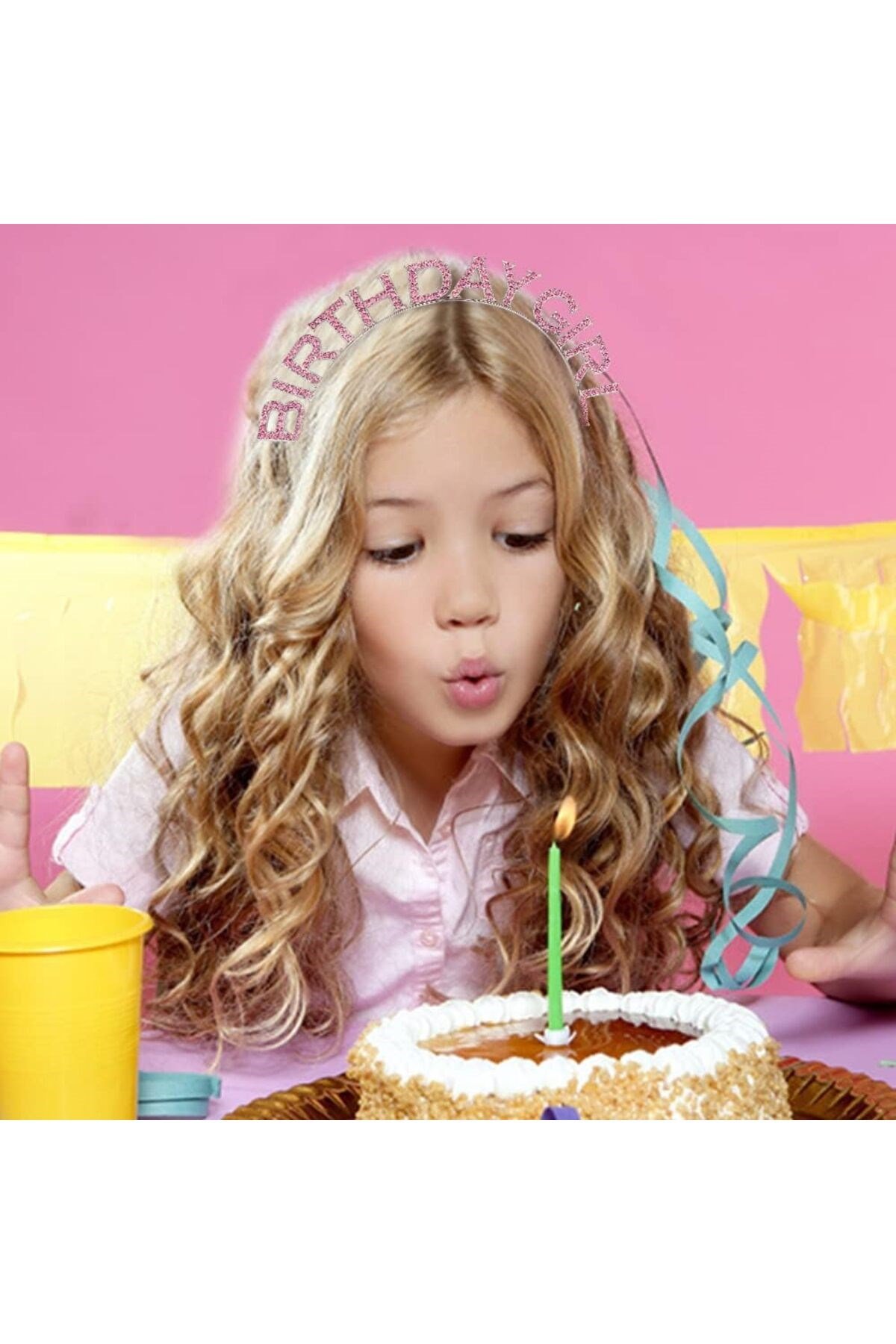 Pembe Renk Kristal Taşlı Parlak Birthday Girl Yazılı Taç 16x17 cm