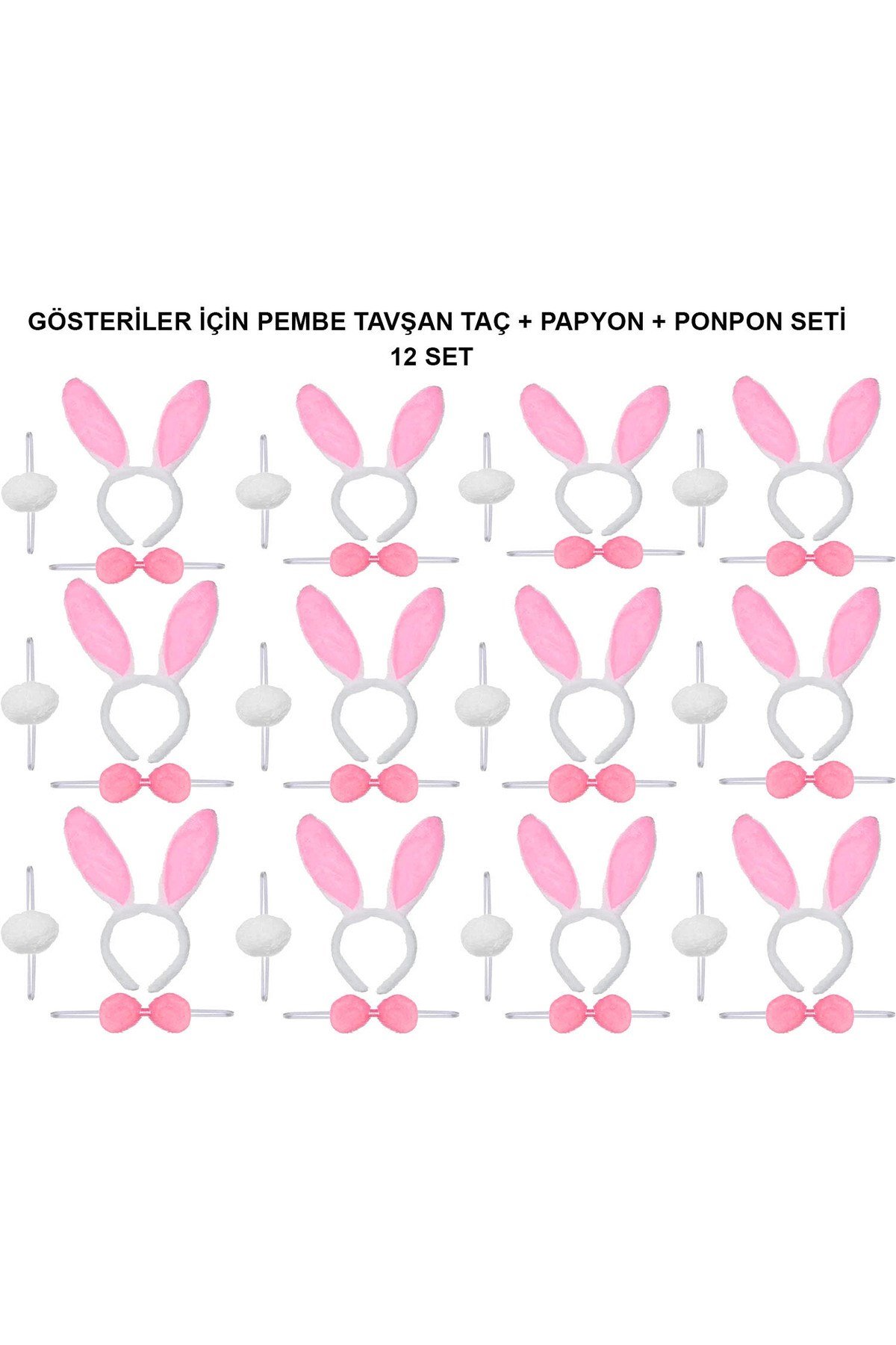 Pembe Tavşan Kostüm Seti – Taç, Papyon, Ponpon (12’li Paket)