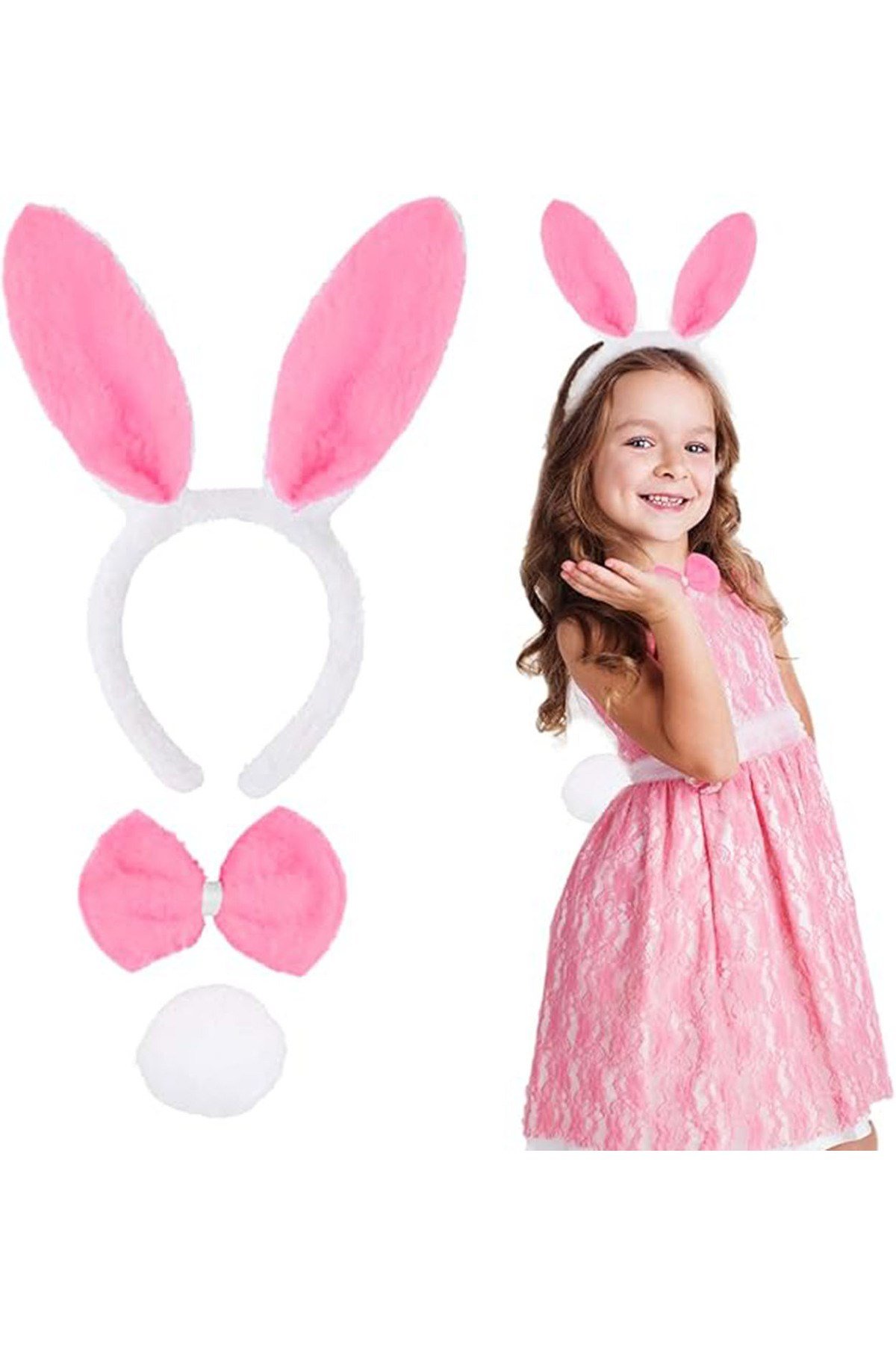 Pembe Tavşan Kostüm Seti – Taç, Papyon, Ponpon (12’li Paket)