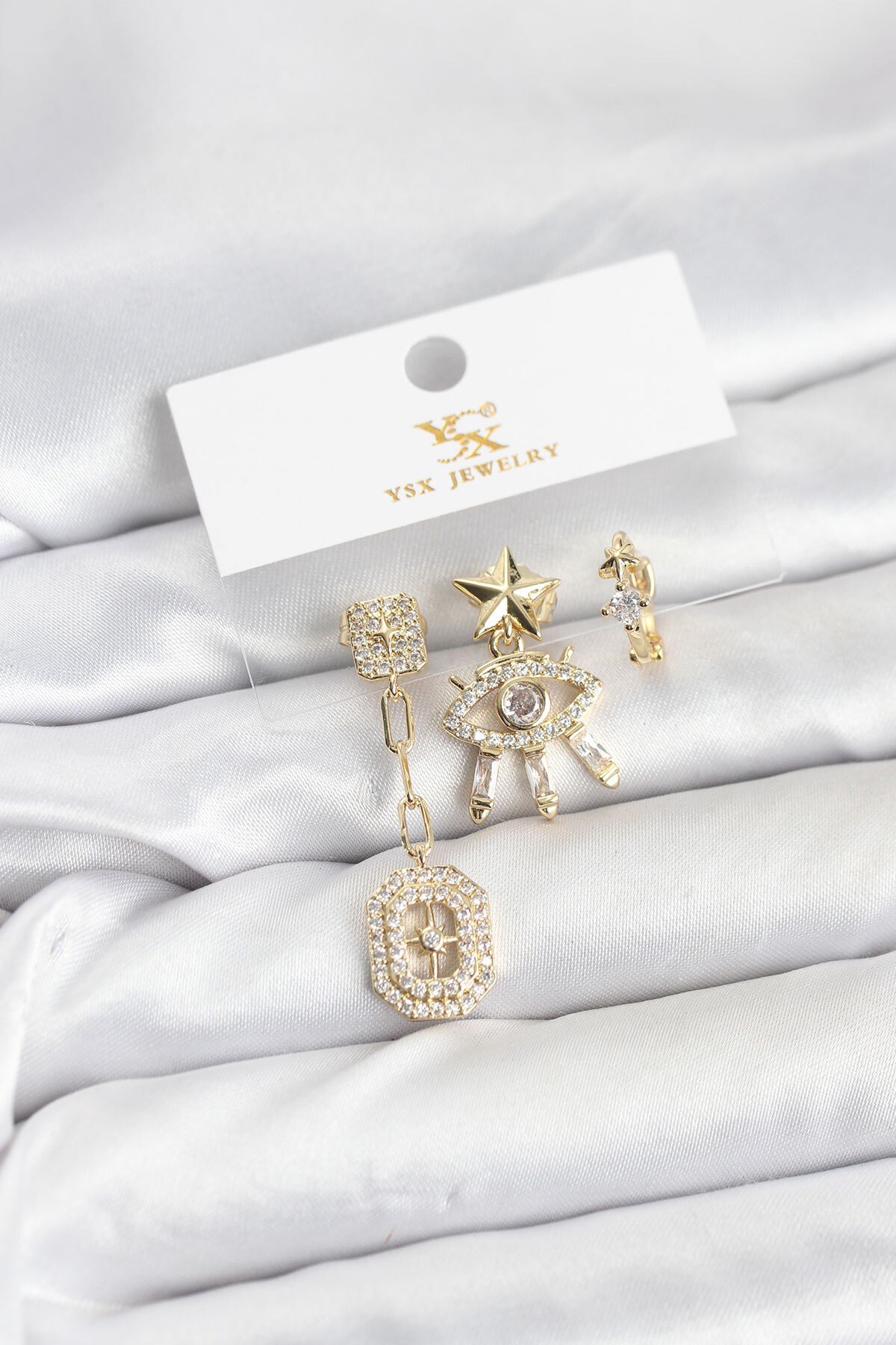 Pirinç Gold Renk Göz ve Kutup Yıldızı Model YSX Trio Küpe Seti