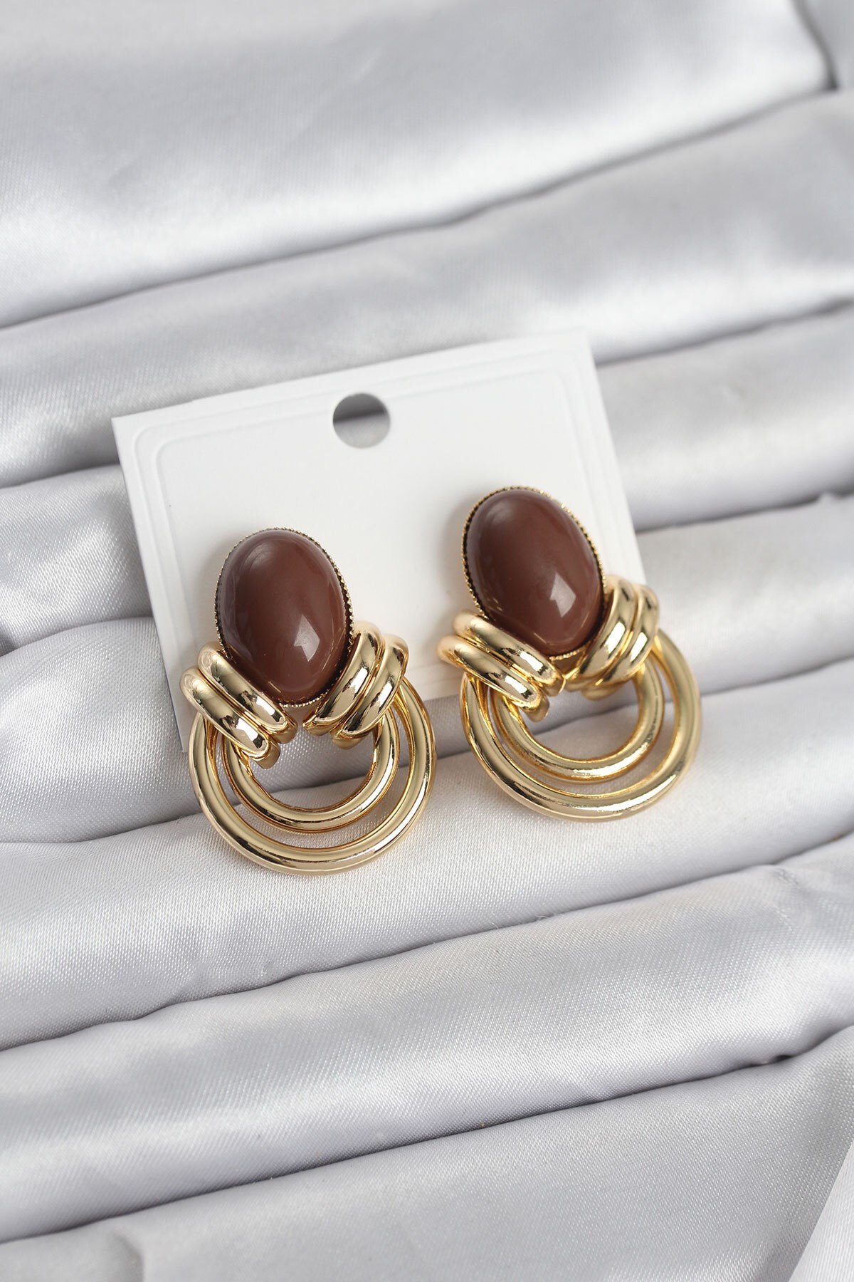 Pirinç Gold Renk Kahverengi Taşlı Vintage Kadın Küpe