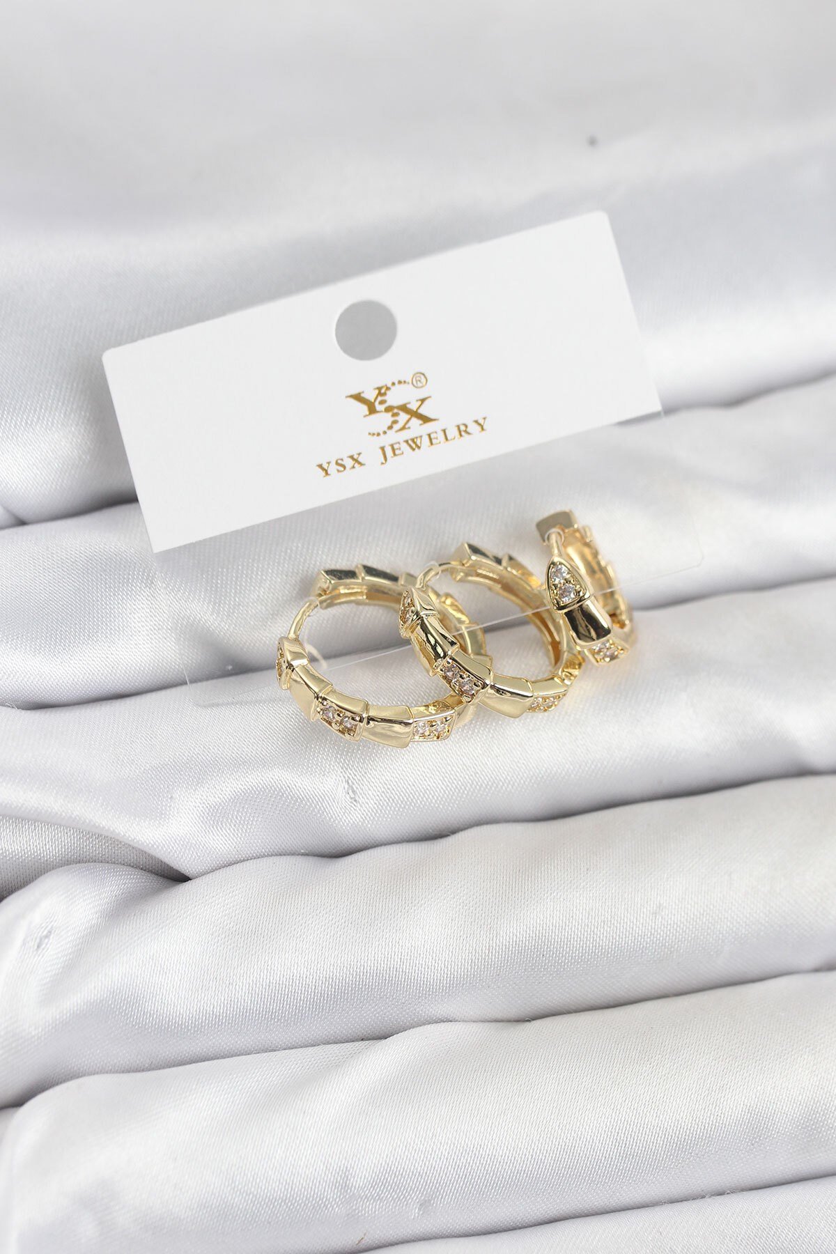 Pirinç Gold Renk Zirkon Taşlı Halka Yılan Model YSX Trio Küpe Seti