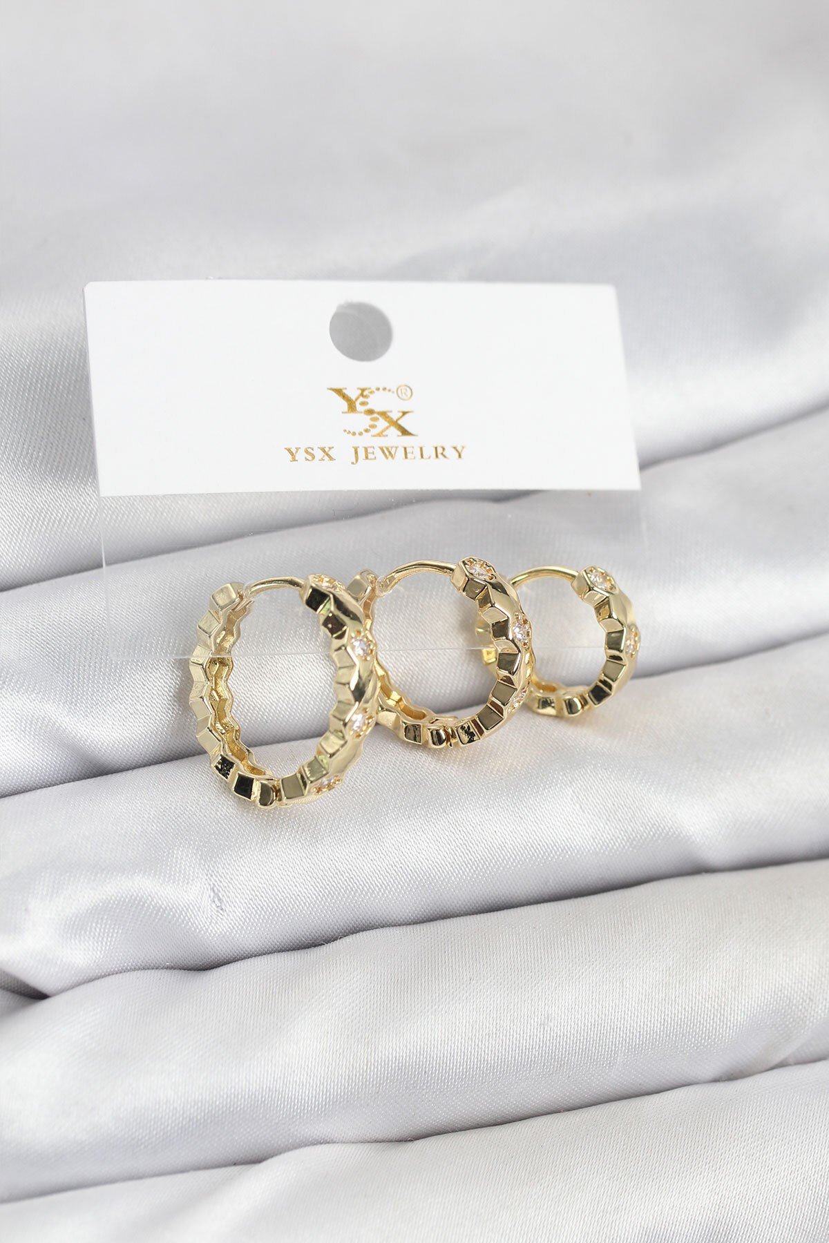 Pirinç Gold Renk Zirkon Taşlı Petek Halka Model YSX Trio Küpe Seti
