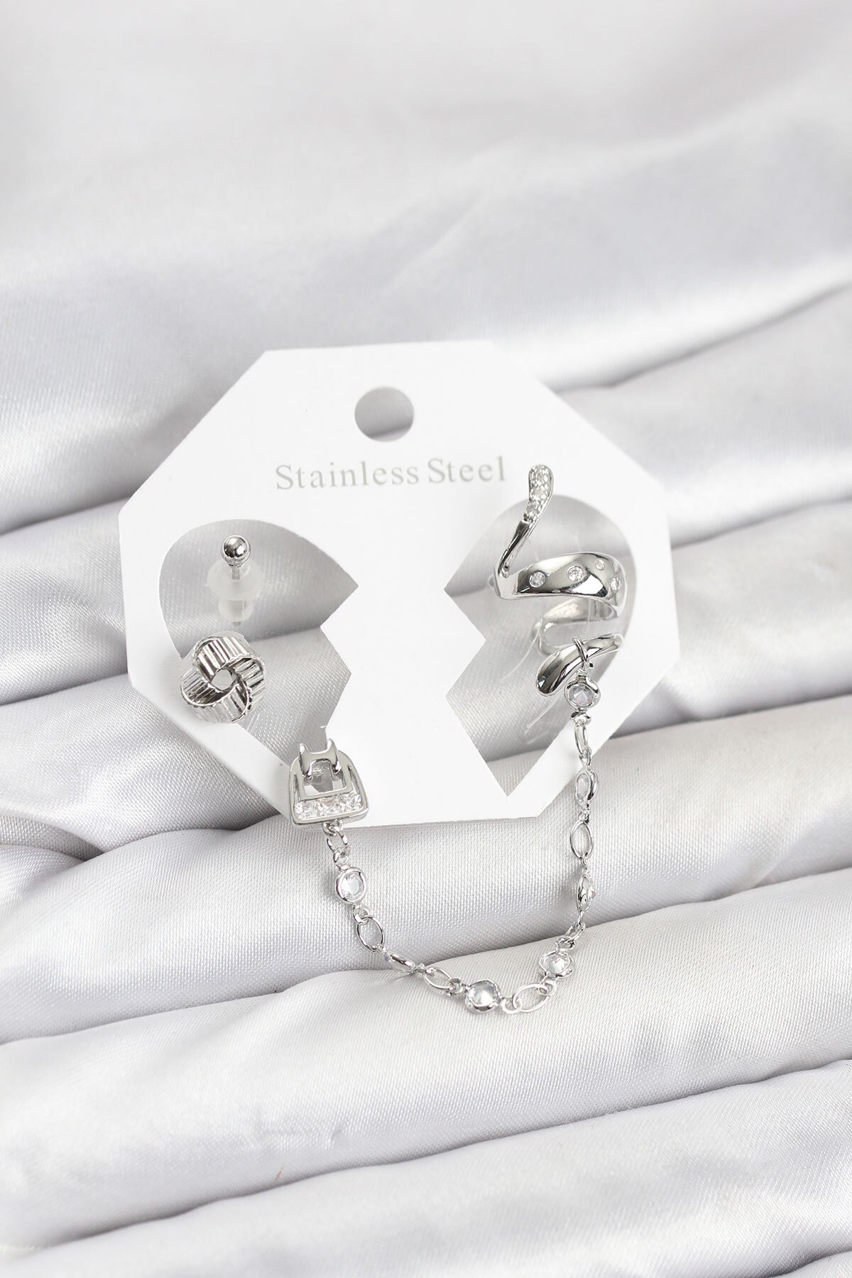 Pirinç Gümüş Renk Yılan Model Zincir Bağlantılı Ear Cuff Küpe Seti