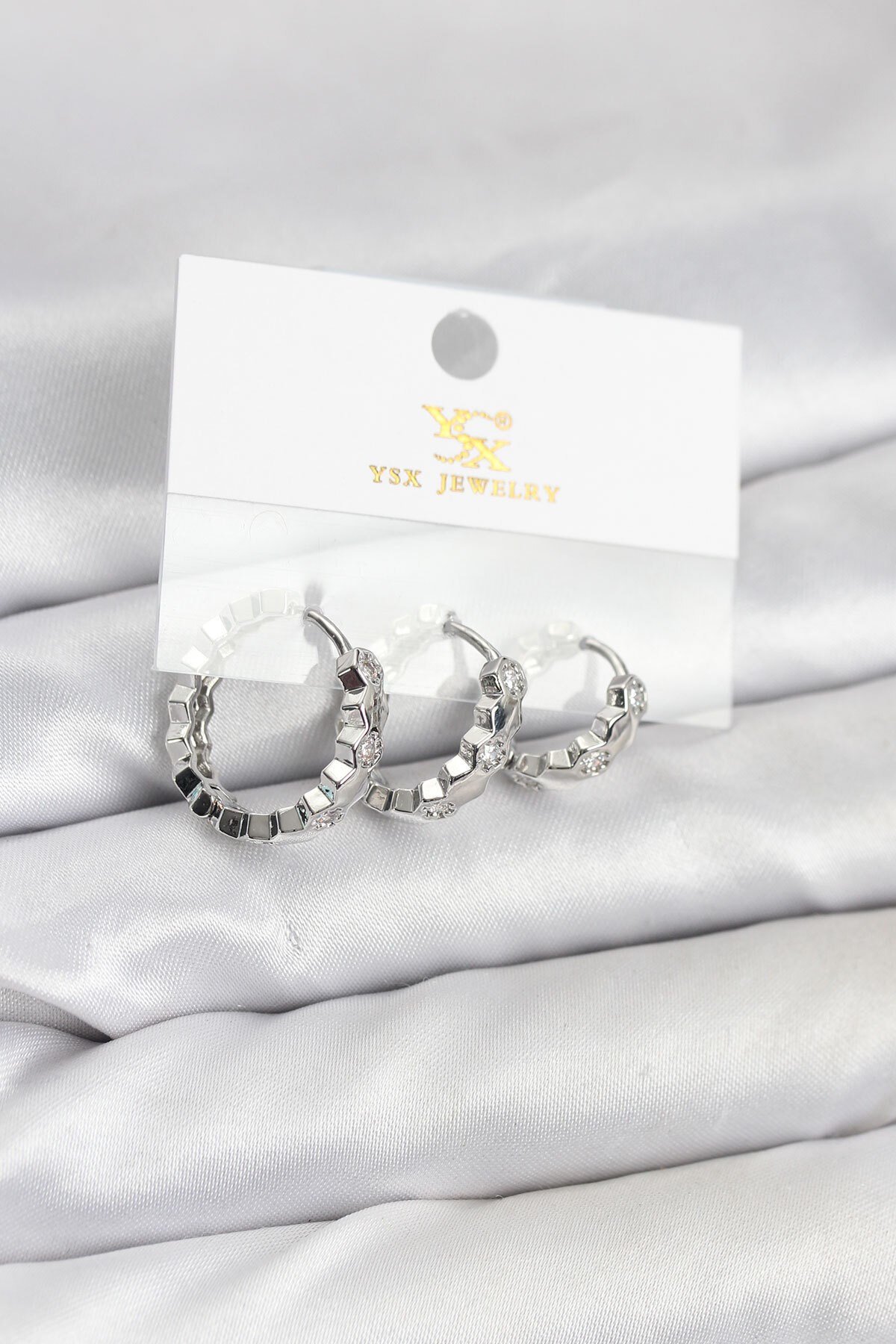 Pirinç Gümüş Renk Zirkon Taşlı Petek Halka Model YSX Trio Küpe Seti