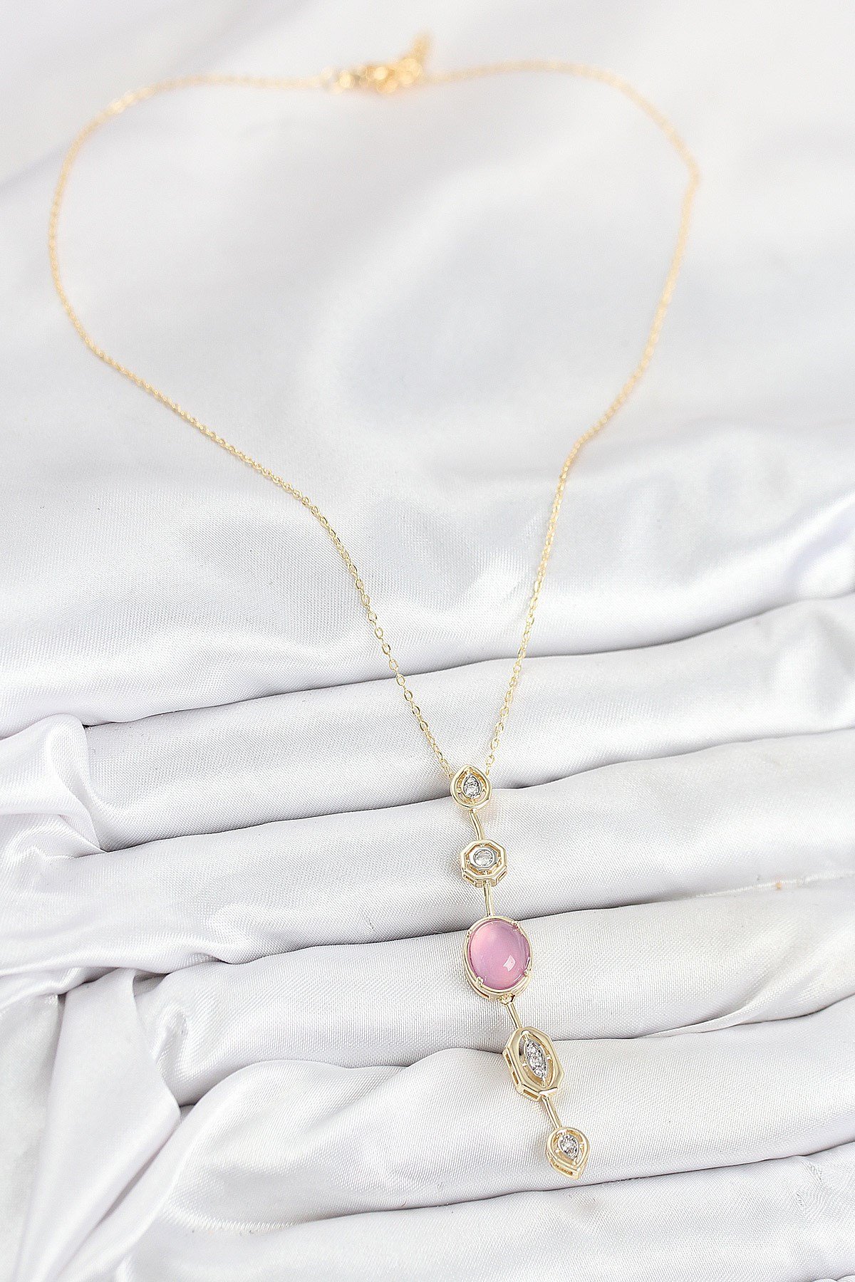 Pirinç Zincir Pembe Gold Renk Zirkon Taşlı Y Kolye