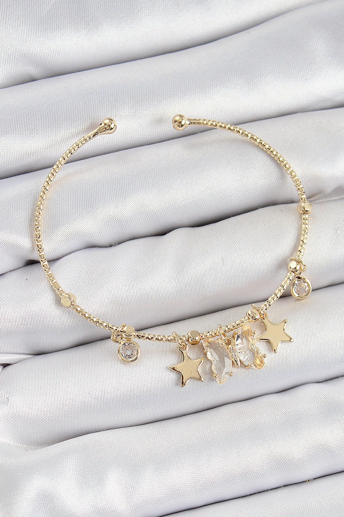 Pirinç Zirkon Taşlı Kelebek Ve Yıldız Model Gold Renk Charm Bileklik