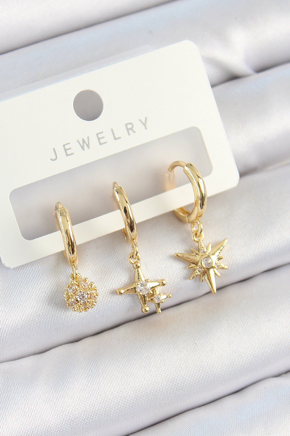 Pirinç Zirkon Taşlı Yıldız Model Gold Renk 3'lü Çift Kadın Küpe Set