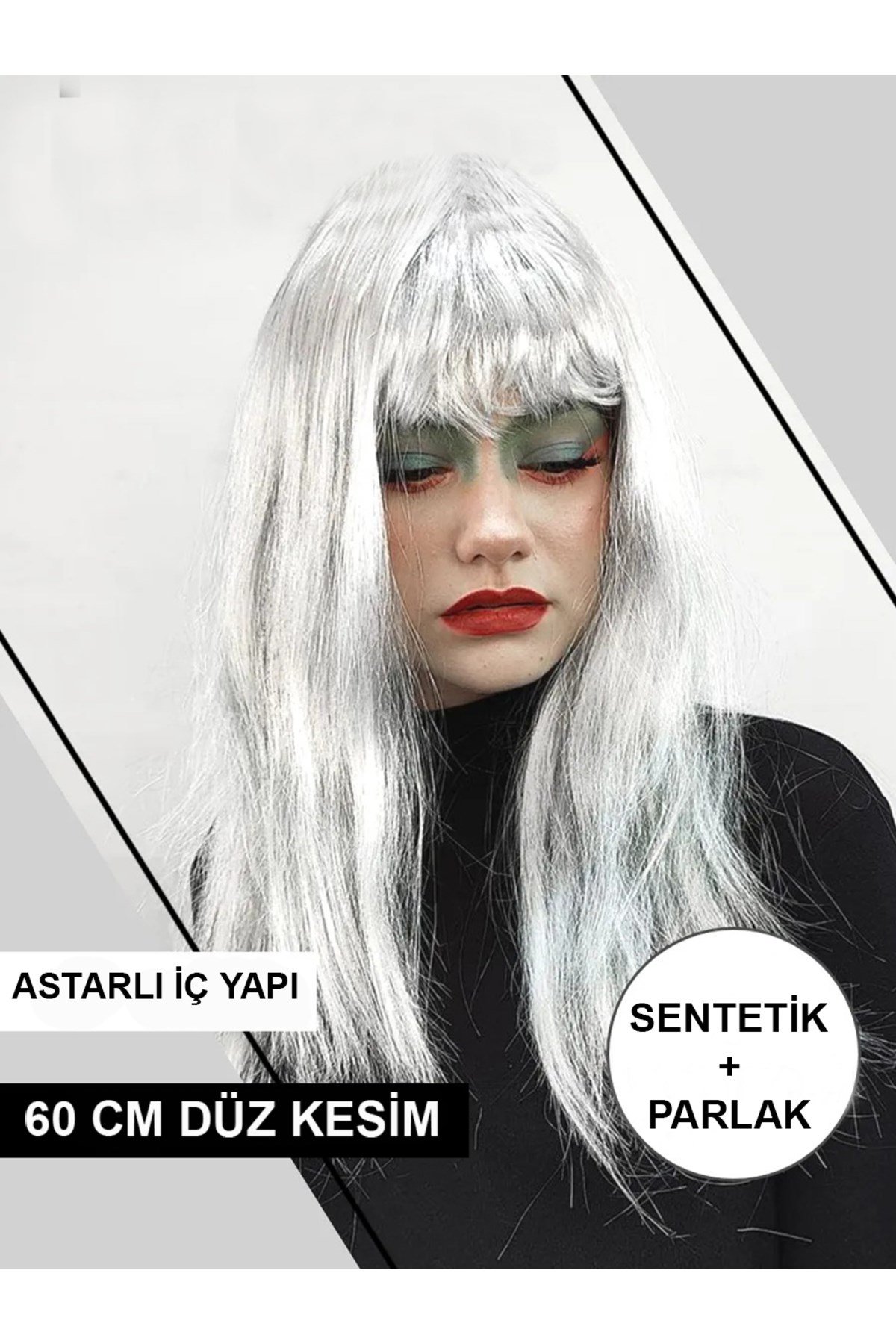 Platin Gri Gümüş Renk Uzun Parti Peruğu Uzun Takma Peruk