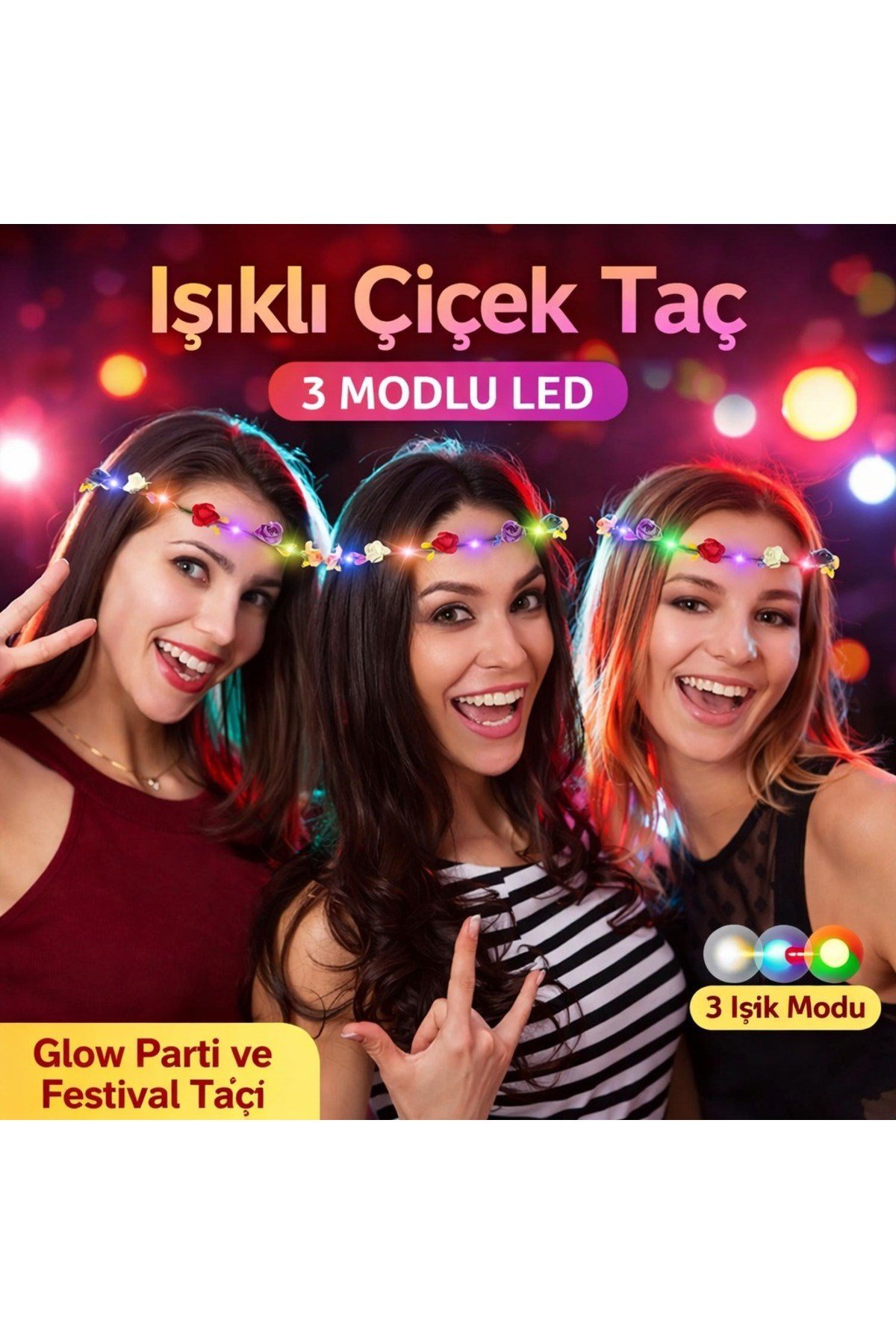 Renkli LED Çiçek Taç – 3 Işık Modlu Glow Parti Tacı