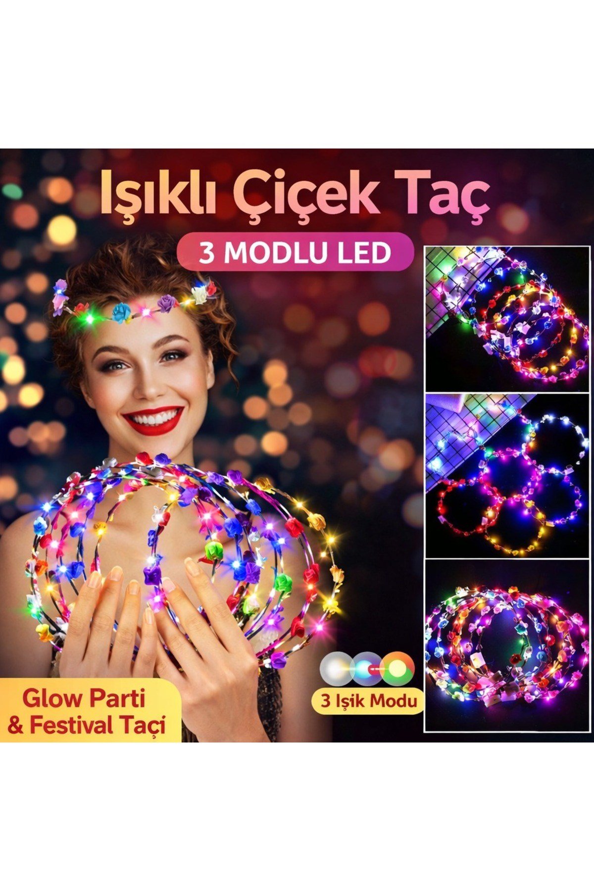 Renkli LED Çiçek Taç – 3 Işık Modlu Glow Parti Tacı