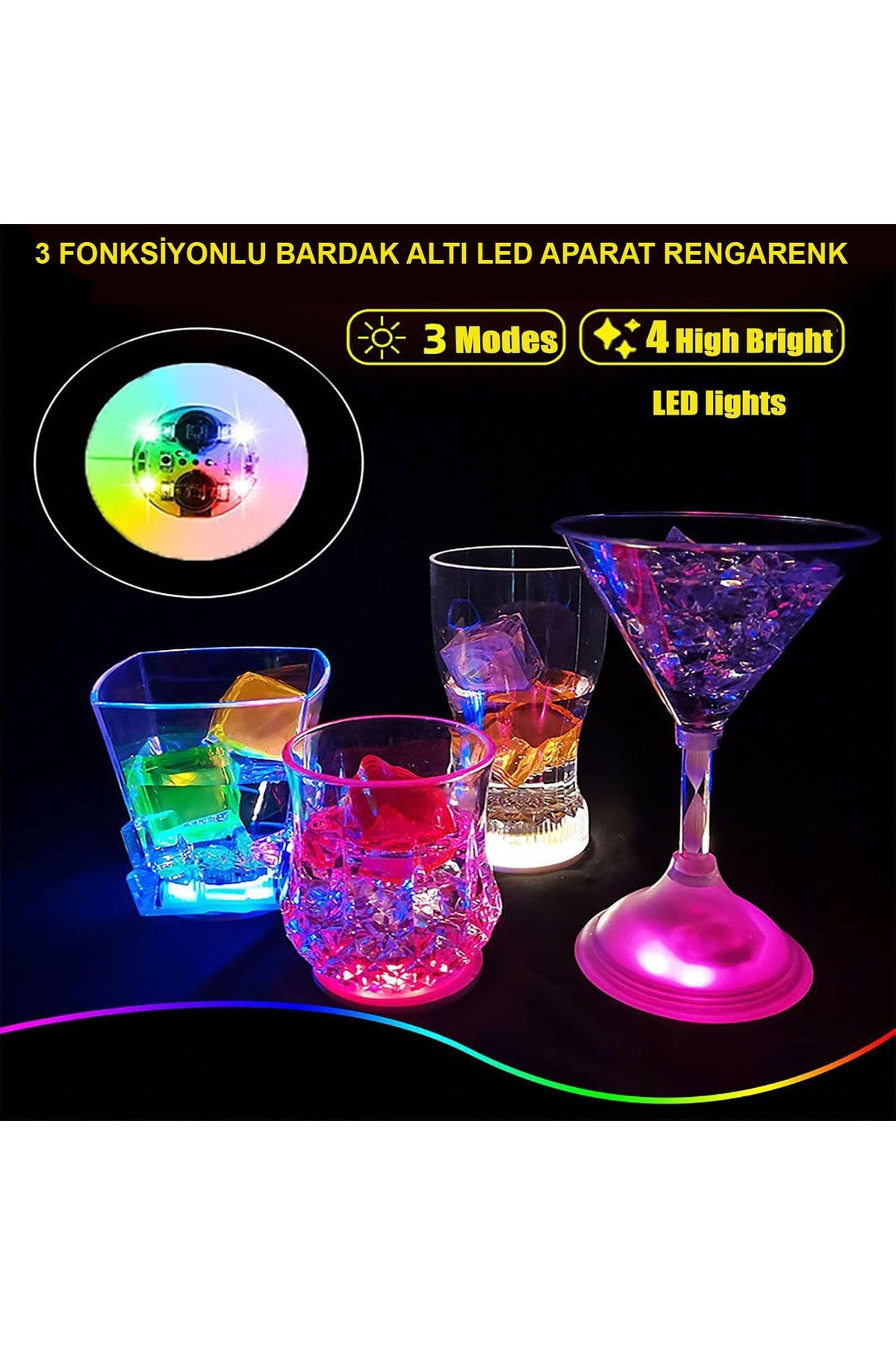 Renkli LED Işıklı Bardak Altlığı - Dekoratif (12 Adet, Pilli)