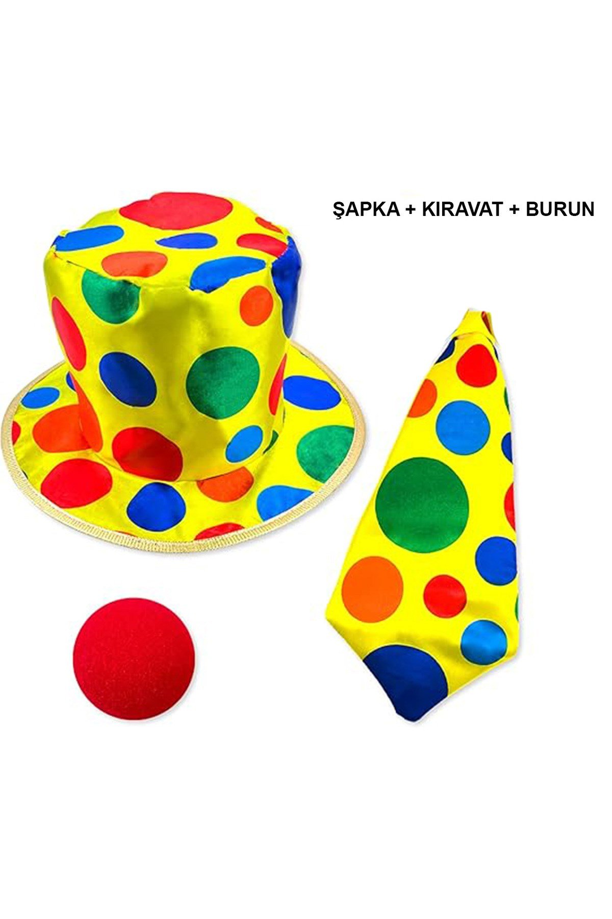 Renkli Palyaço Kostüm Seti – 3 Parça Aksesuar (Şapka, Kravat, Burun)