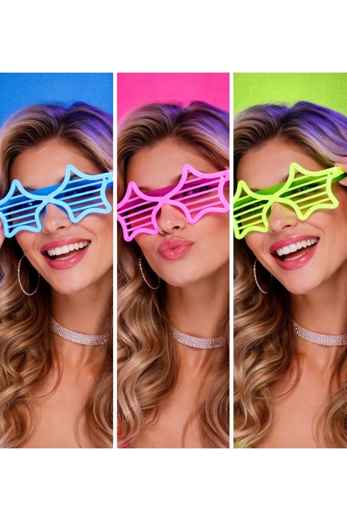 Retro Neon Fosforlu Yıldız Panjur Gözlük 12 Adet – 80’ler 90’lar Parti Stili