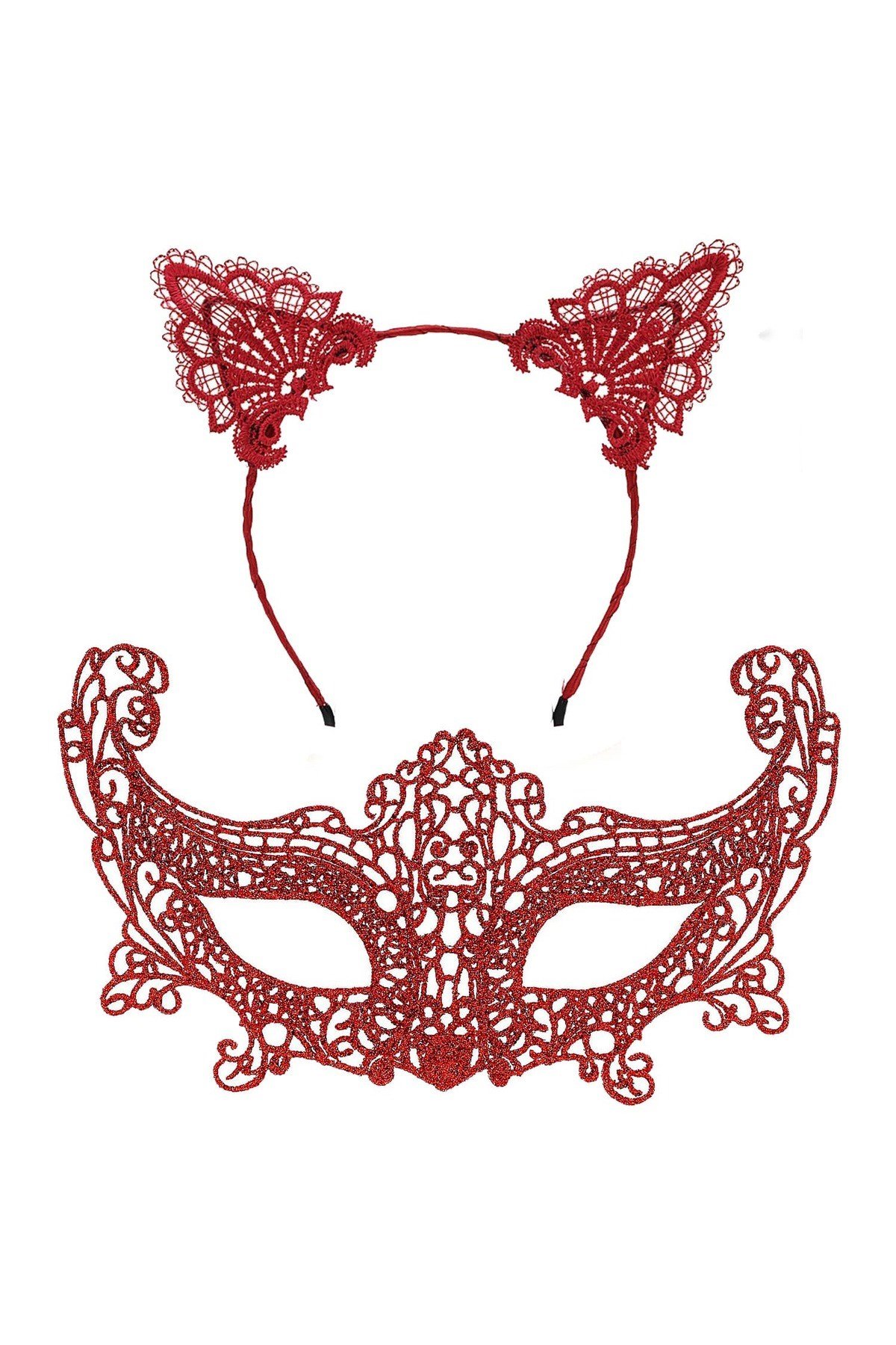 Romantik Kırmızı Dantel Maske Seti – Kedi Kulaklı Taç ve Maske 3 No