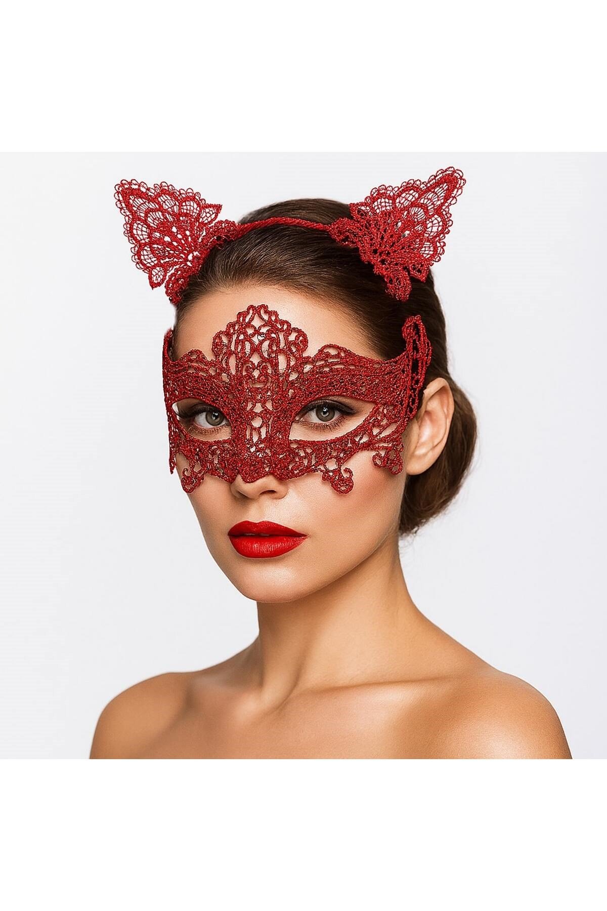 Romantik Kırmızı Dantel Maske Seti – Kedi Kulaklı Taç ve Maske 3 No