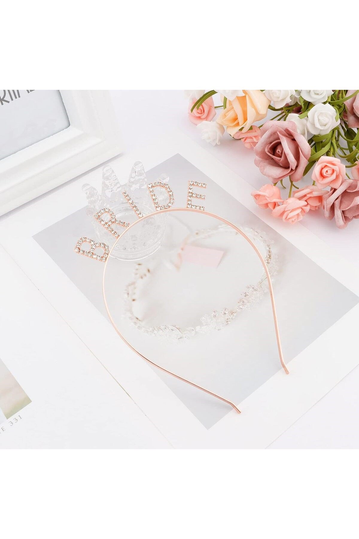 Rose Gold Renk Bekarlığa Veda Kristal Taş Bride Tacı İthal 16x10 cm