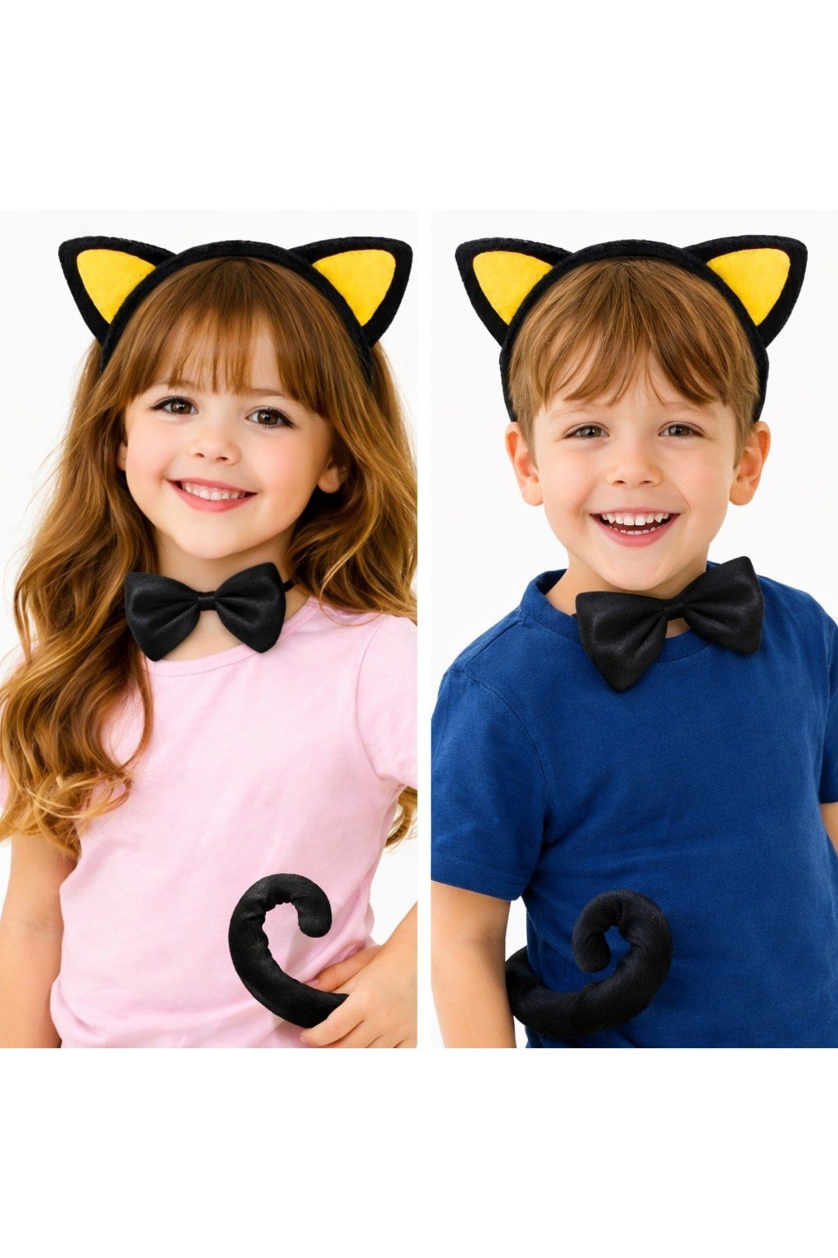 Sarı Kulaklı Kedi Kostüm Seti – Taç Papyon Kuyruk 3 Parça