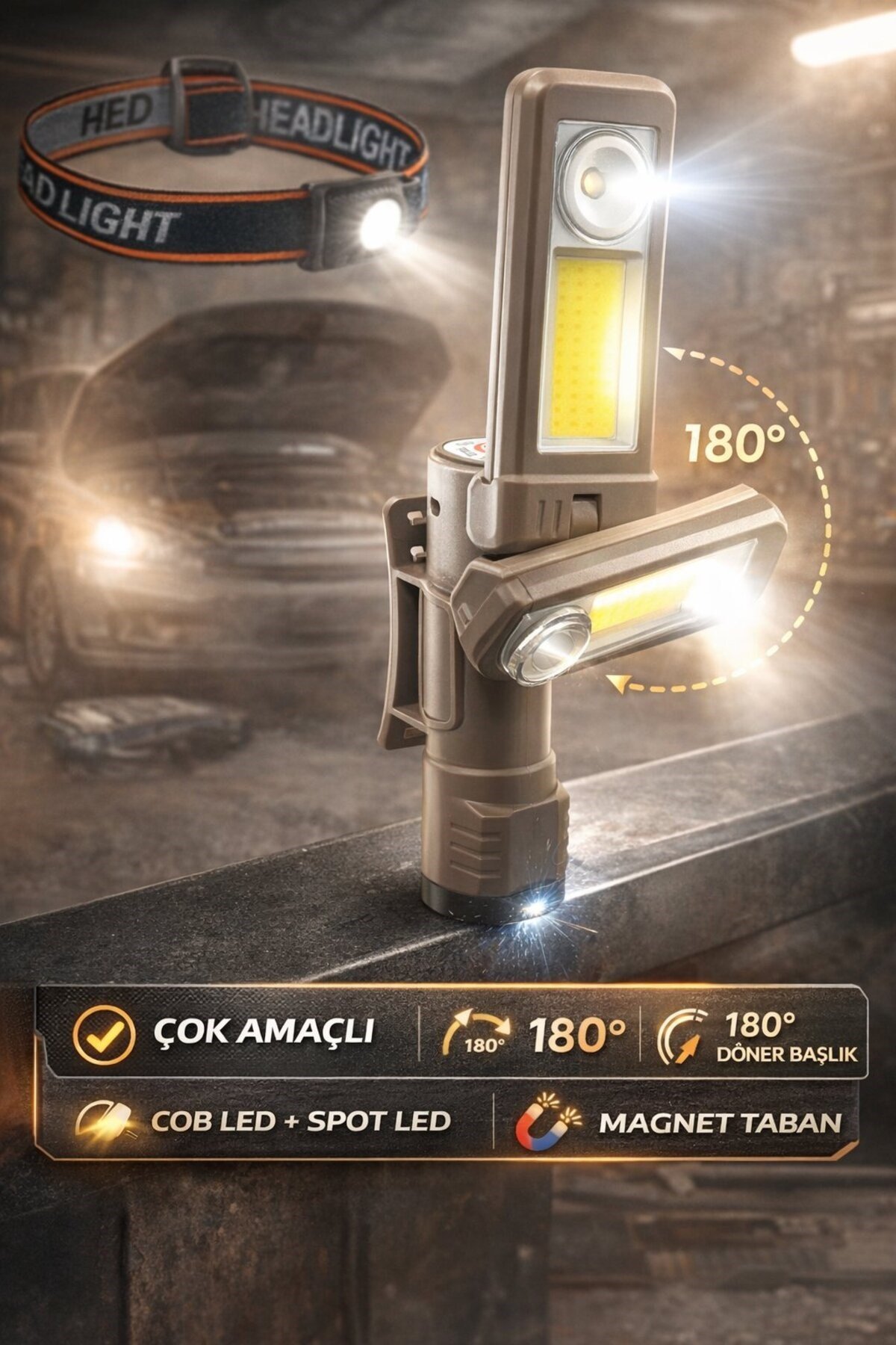 Şarjlı El Feneri Kafa Lambası Manyetik 180° Döner COB LED Gün Işığı Beyaz