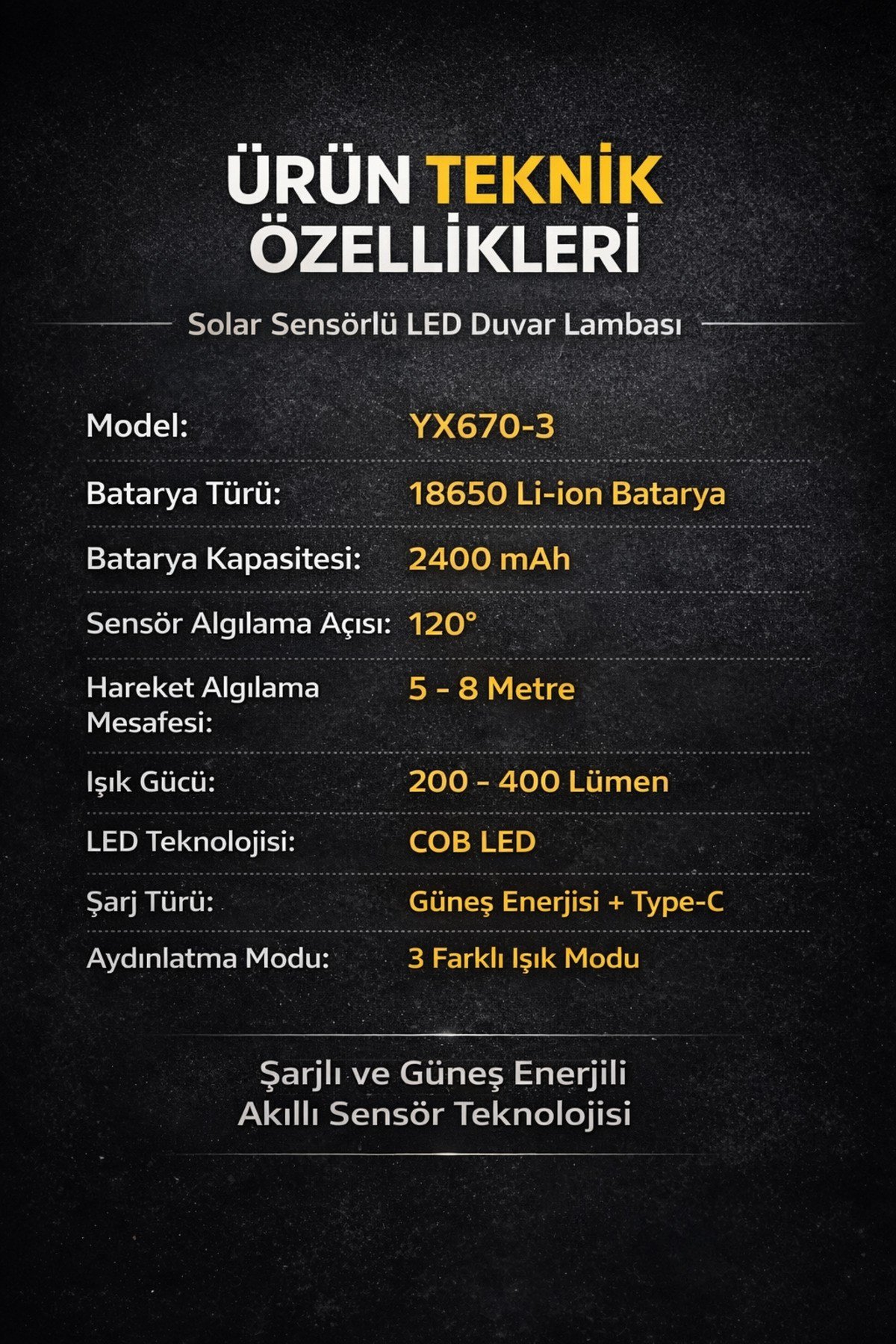 Şarjlı Solar Sensörlü 3 Döner Başlı LED Bahçe Duvar Lambası Güneş Enerji Hareket Sensörlü Aydınlatma