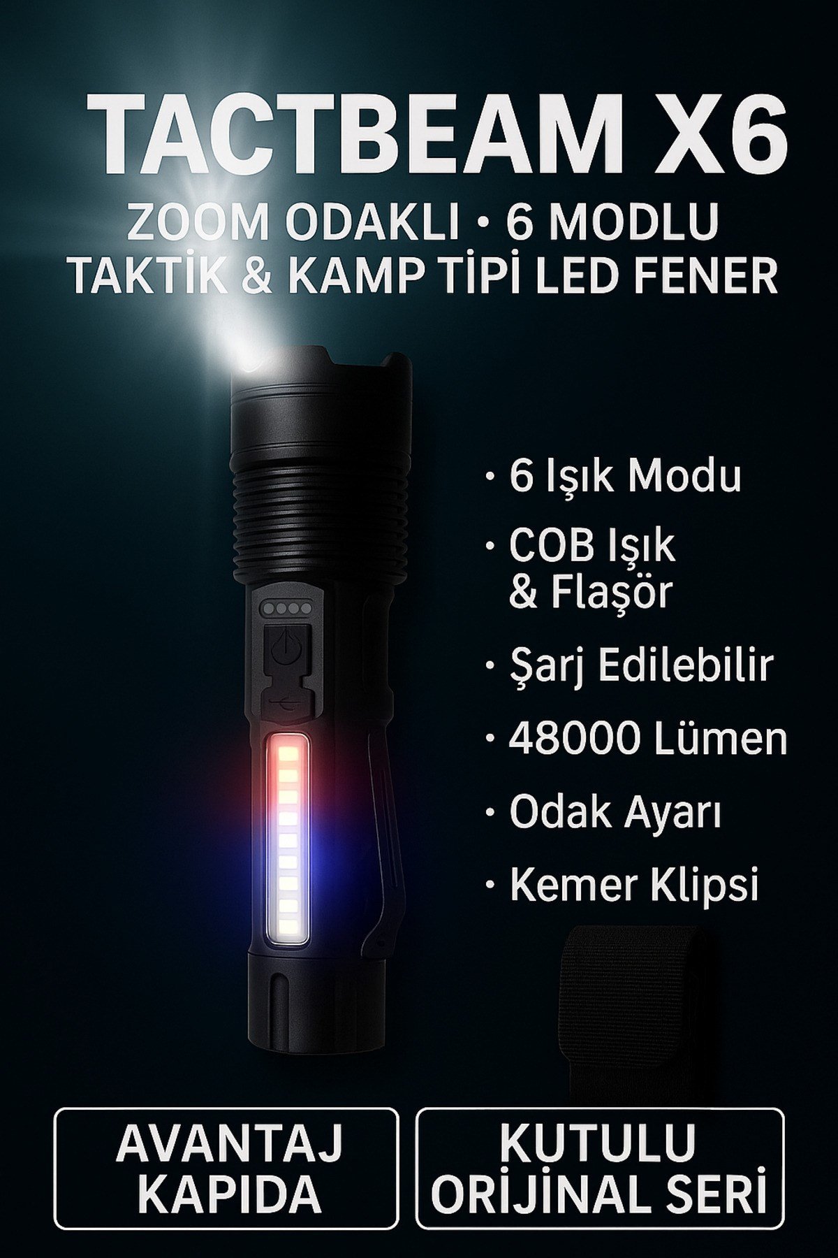 Şarjlı Zoom Led El Feneri 48000 Lümen Çelik Gövde 6 Modlu Kamp Tarla Araç Balıkçı Acil Durum