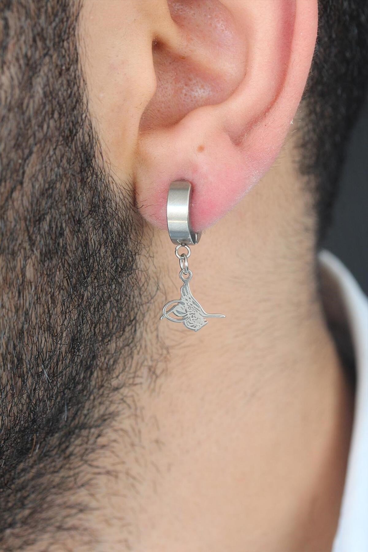 Silver Renk Kaplama Osmanlı Tuğra Figürlü Kıstırmalı Çelik Erkek Küpe