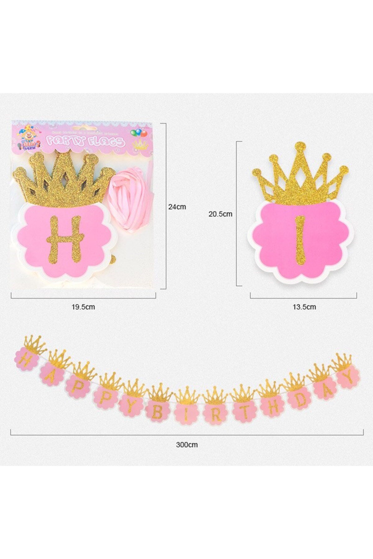 Simli Happy Birthday Flama Dekor 3 Metre Pembe Renk