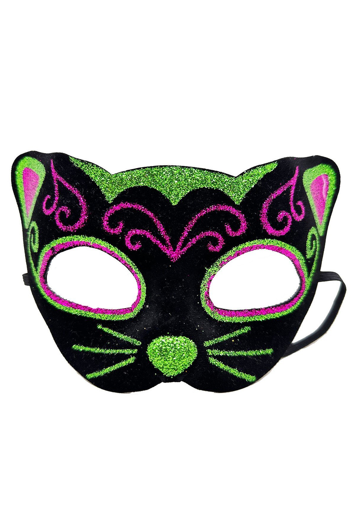 Siyah Kadife Kaplama Üzeri Pembe Yeşil Sim İşlemeli Kedi Maskesi 20x13 cm