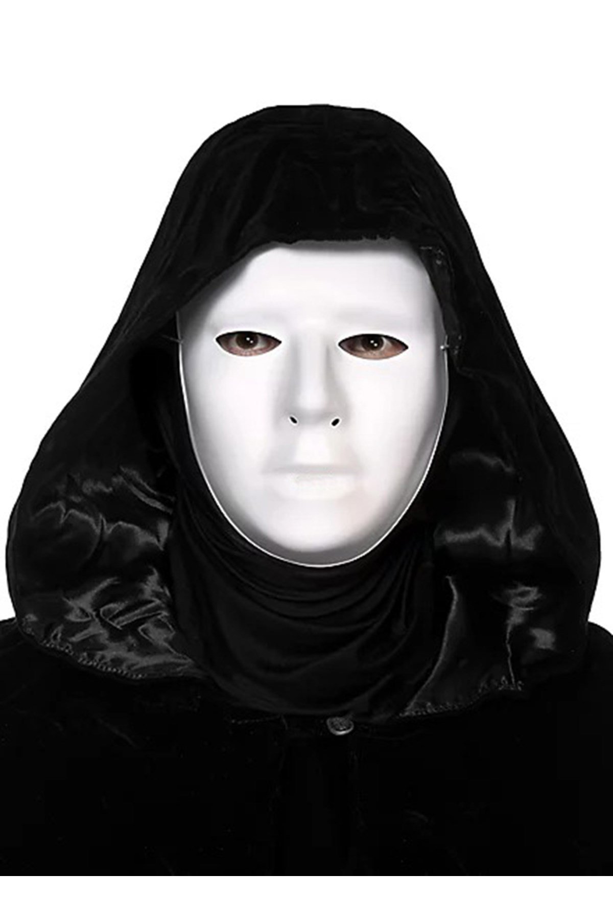 Siyah Kapüşonlu 120 cm Pelerin ve Beyaz Boyanabilir Tam Yüz Maske