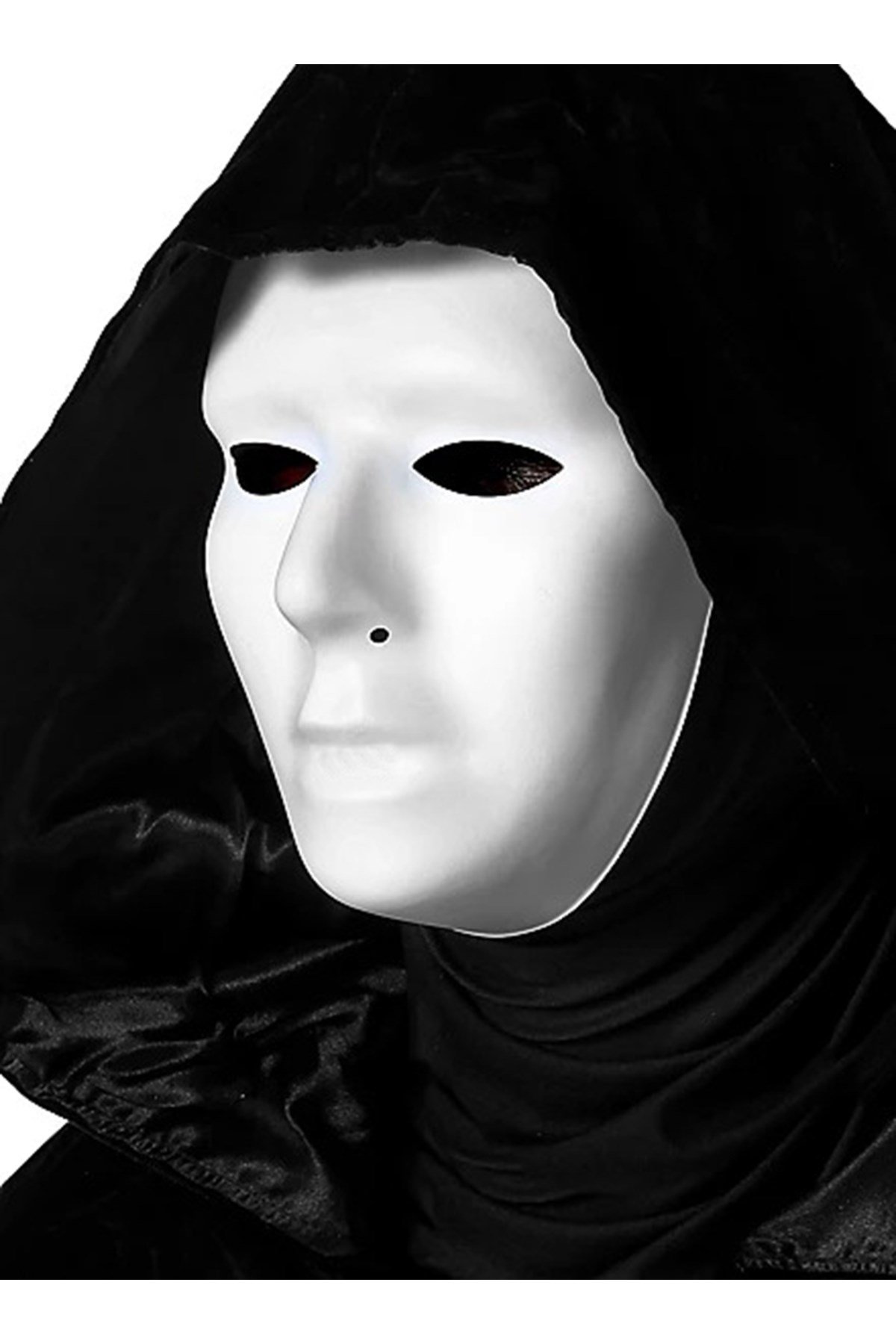 Siyah Kapüşonlu 120 cm Pelerin ve Beyaz Boyanabilir Tam Yüz Maske