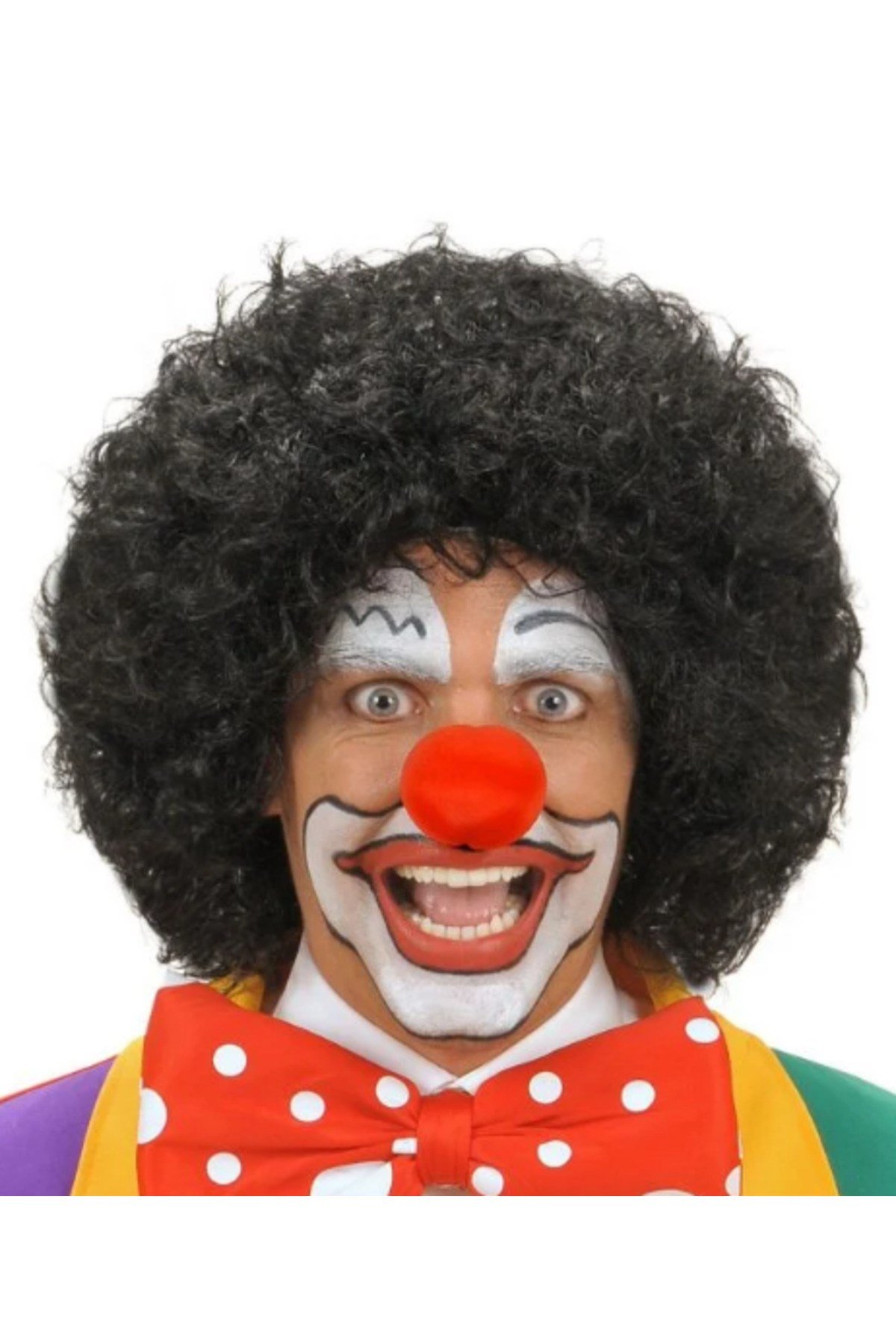 Siyah Renk Kıvırcık Afro Bonus Peruk Saç ve Kırmızı Sünger Burun Seti