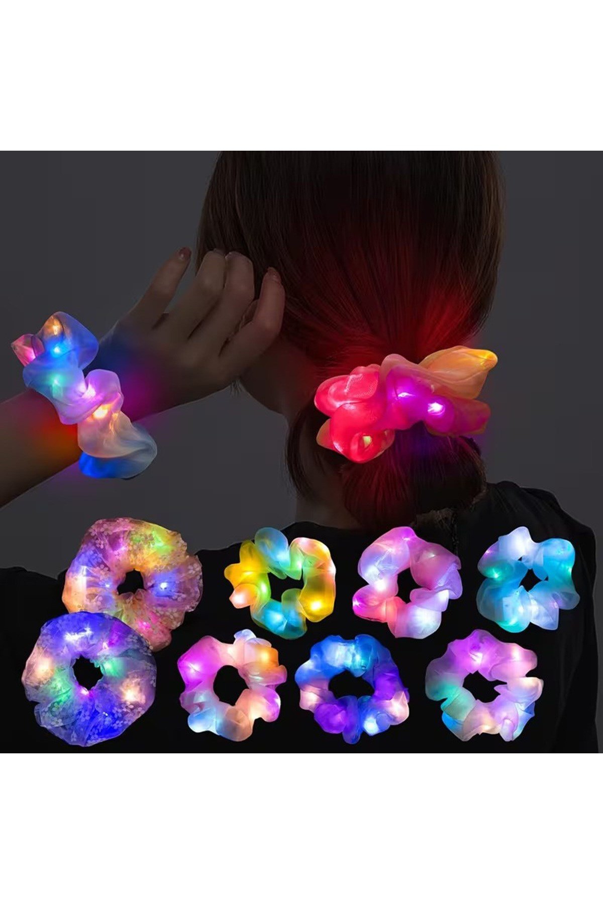 Soft Mavi Renk Led Işıklı Lastikli Saç Tokası - 3 Modlu Festival & Parti Saç Tokası