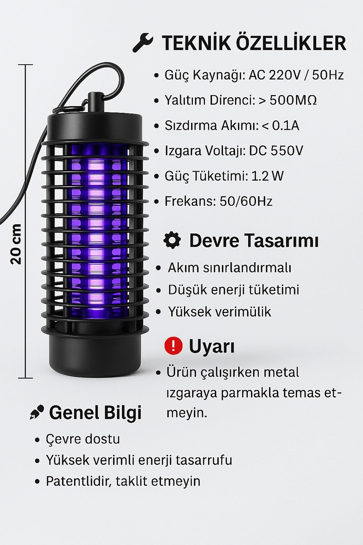 Şok Etkili Sinek/sivrisinek Öldürücü 20cm Sessiz Kimyasalsız Mor Işık 1.2w 550v Kompakt Asılabilir