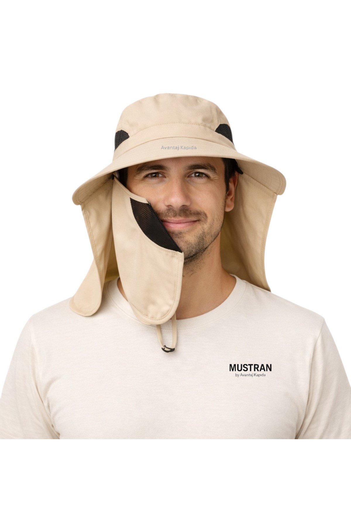 Sök Tak Maskeli Enseli Güneş Şapkası Güneş Korumalı Unisex Outdoor Yazlık Şapka-Krem