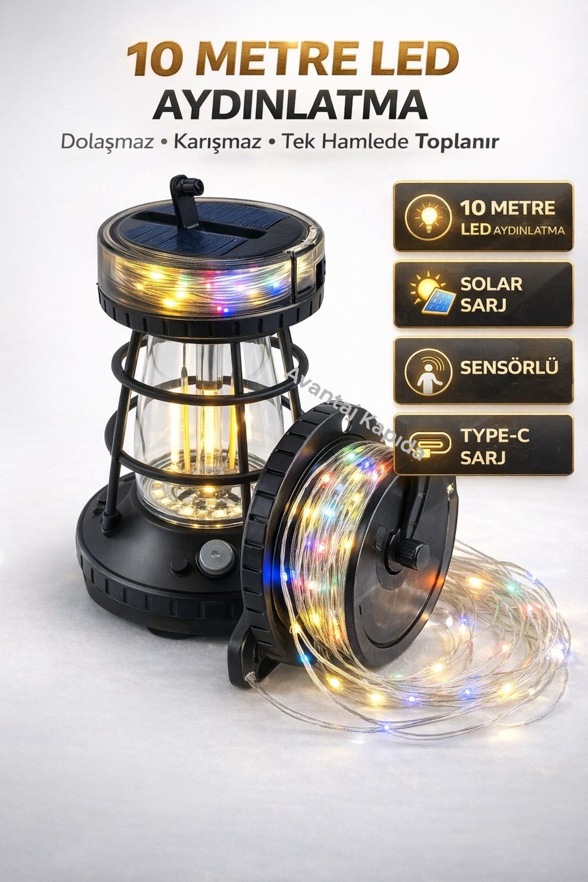 Solar Şarjlı Makaralı 10 Metre LED Kamp Lambası Sensörlü Type-C Şarjlı