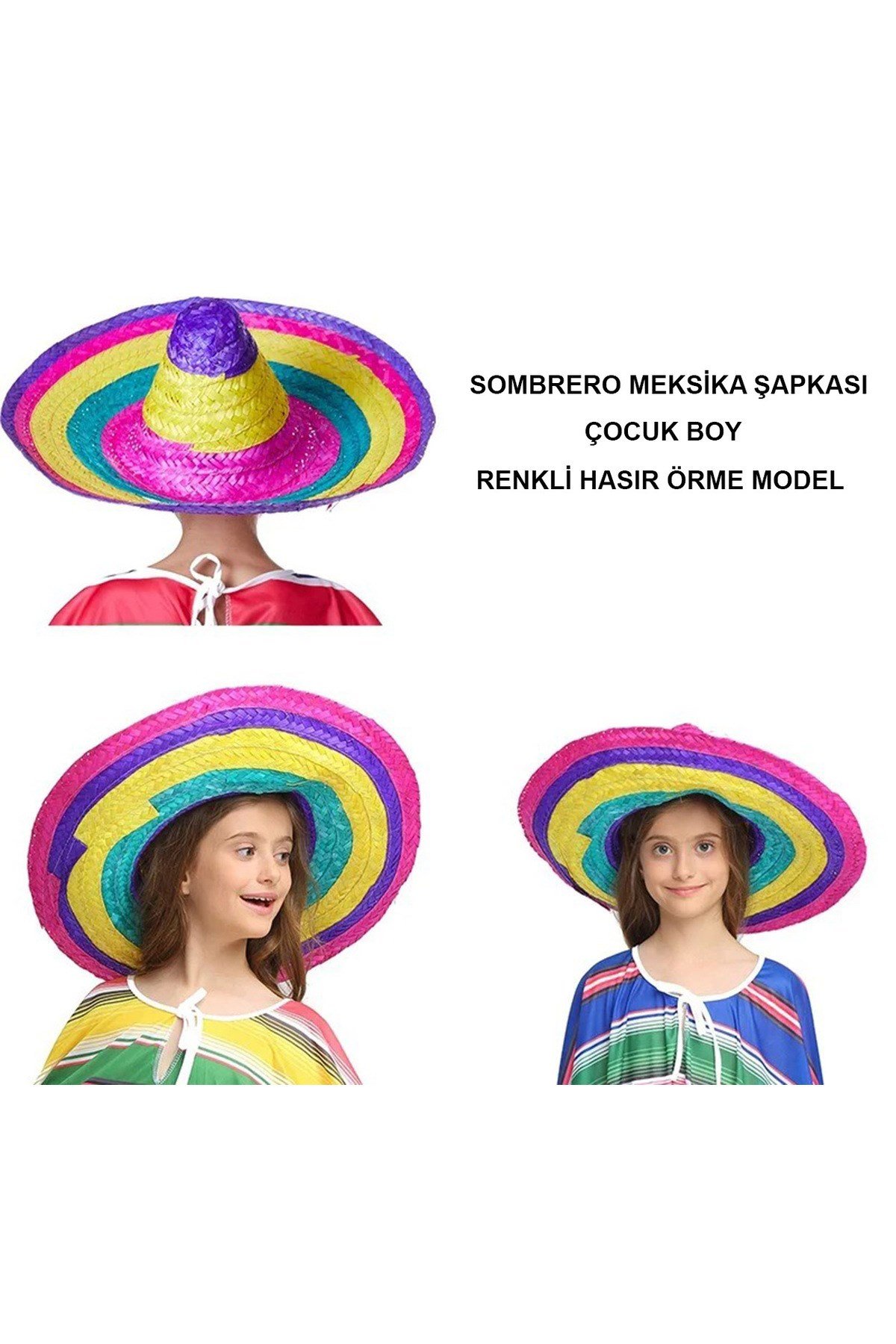Sombrero Meksika Şapkası Renkli Örme Hasır Çocuk Boy