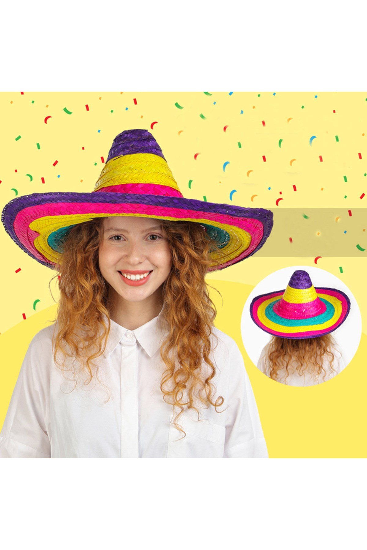Sombrero Meksika Şapkası Renkli Örme Hasır Çocuk Boy