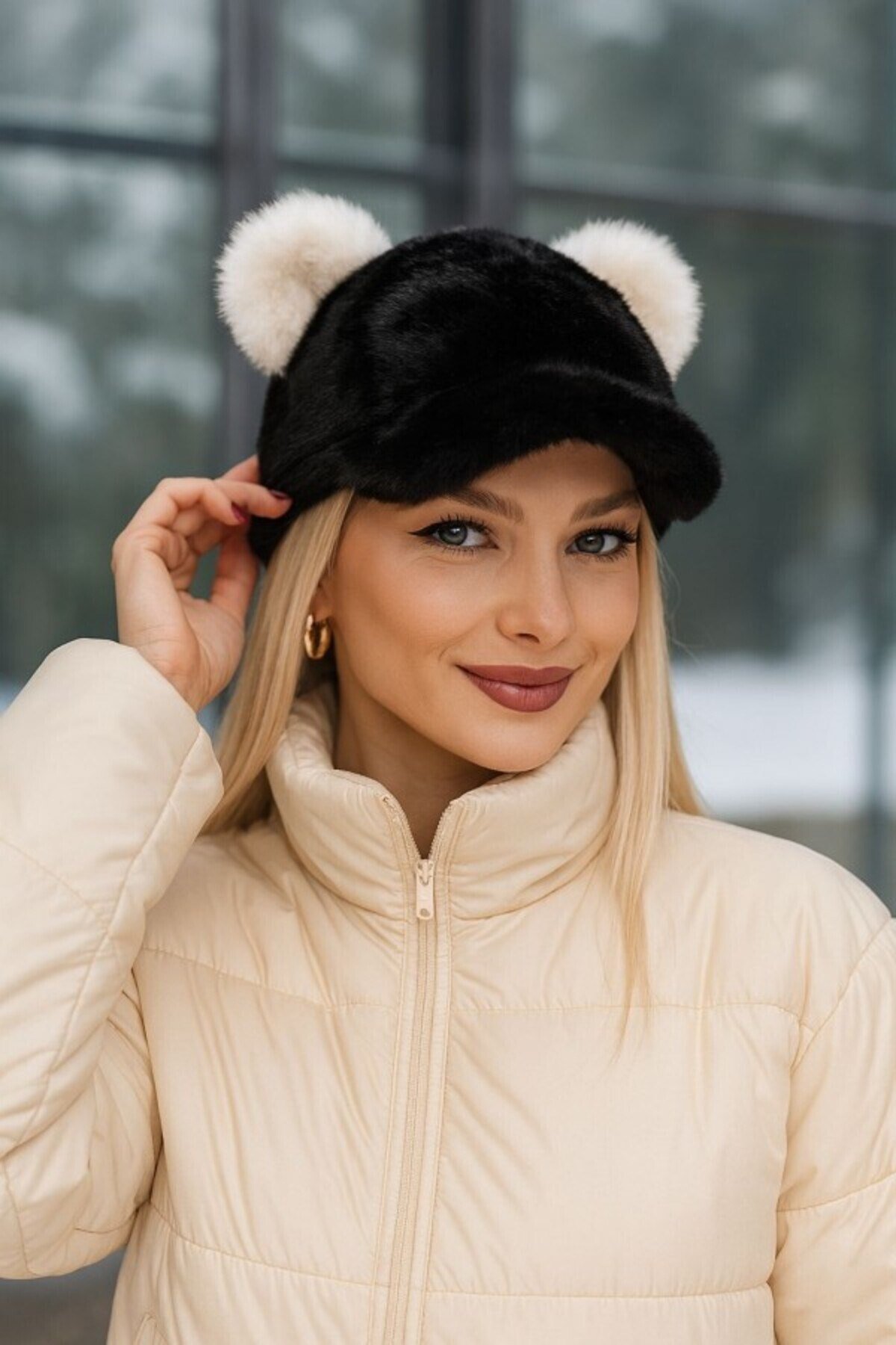 Suyutti Lüks Unisex Siyah Kürk Siperli Şapka - Ayıcık Kulaklı Peluş Beyzbol Kep