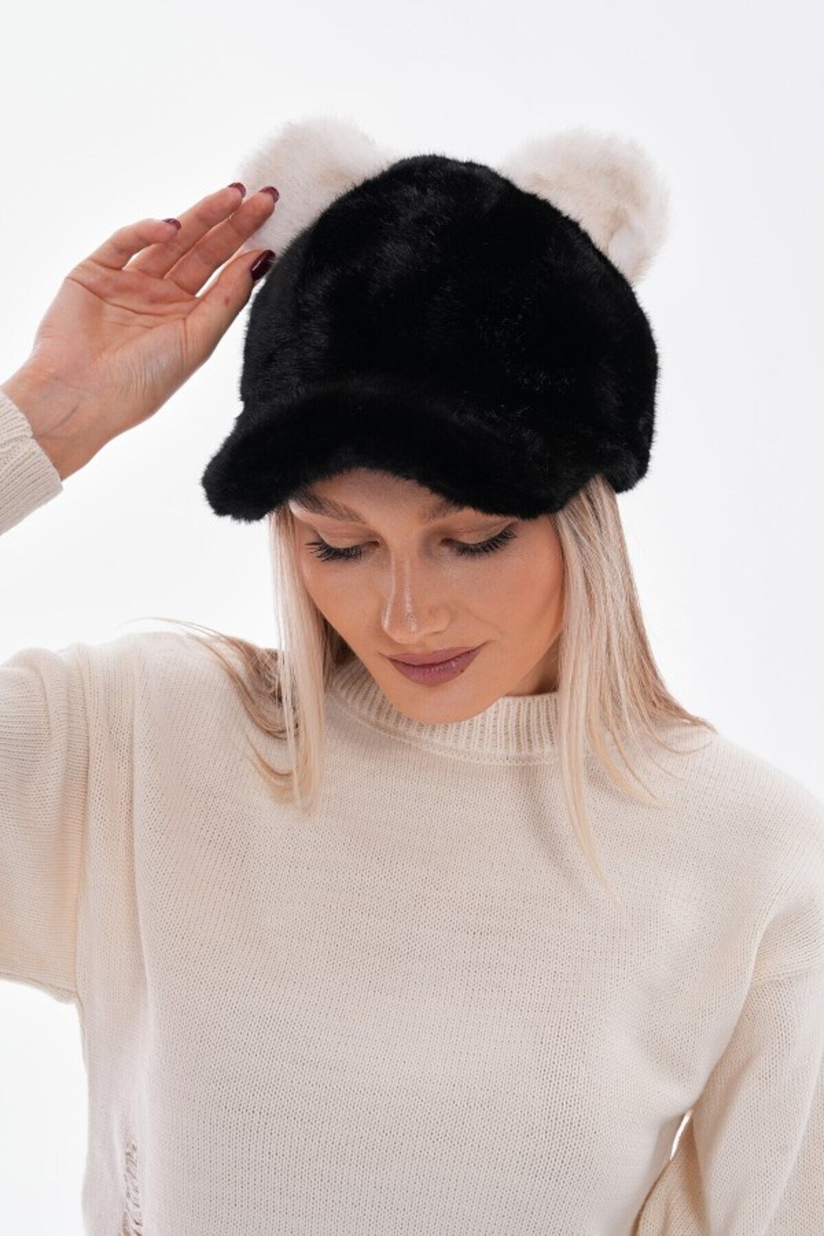 Suyutti Lüks Unisex Siyah Kürk Siperli Şapka - Ayıcık Kulaklı Peluş Beyzbol Kep