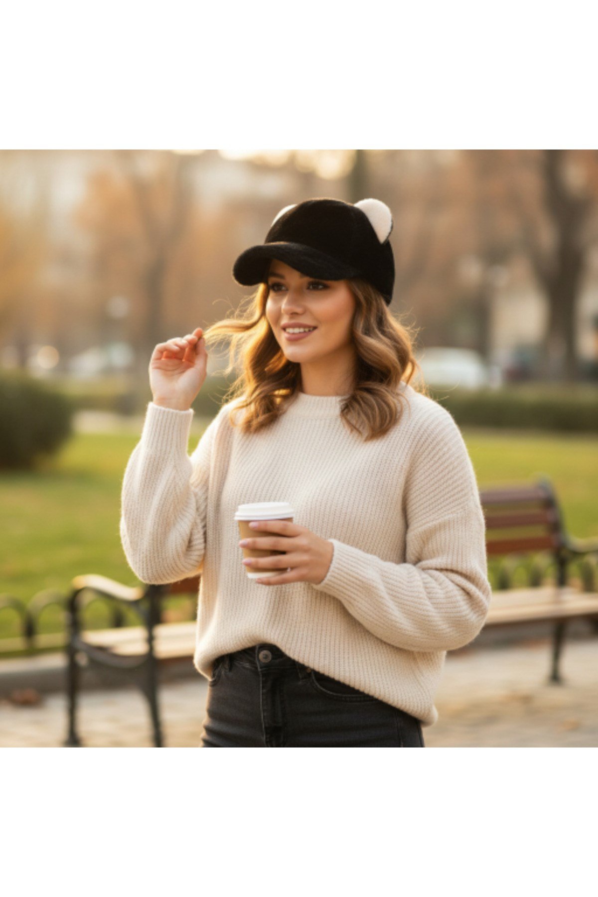 Suyutti Lüks Unisex Siyah Kürk Siperli Şapka - Ayıcık Kulaklı Peluş Beyzbol Kep