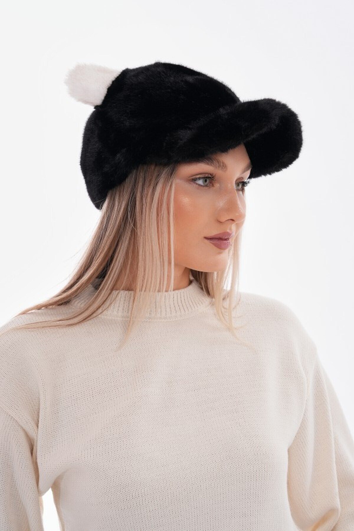 Suyutti Lüks Unisex Siyah Kürk Siperli Şapka - Ayıcık Kulaklı Peluş Beyzbol Kep