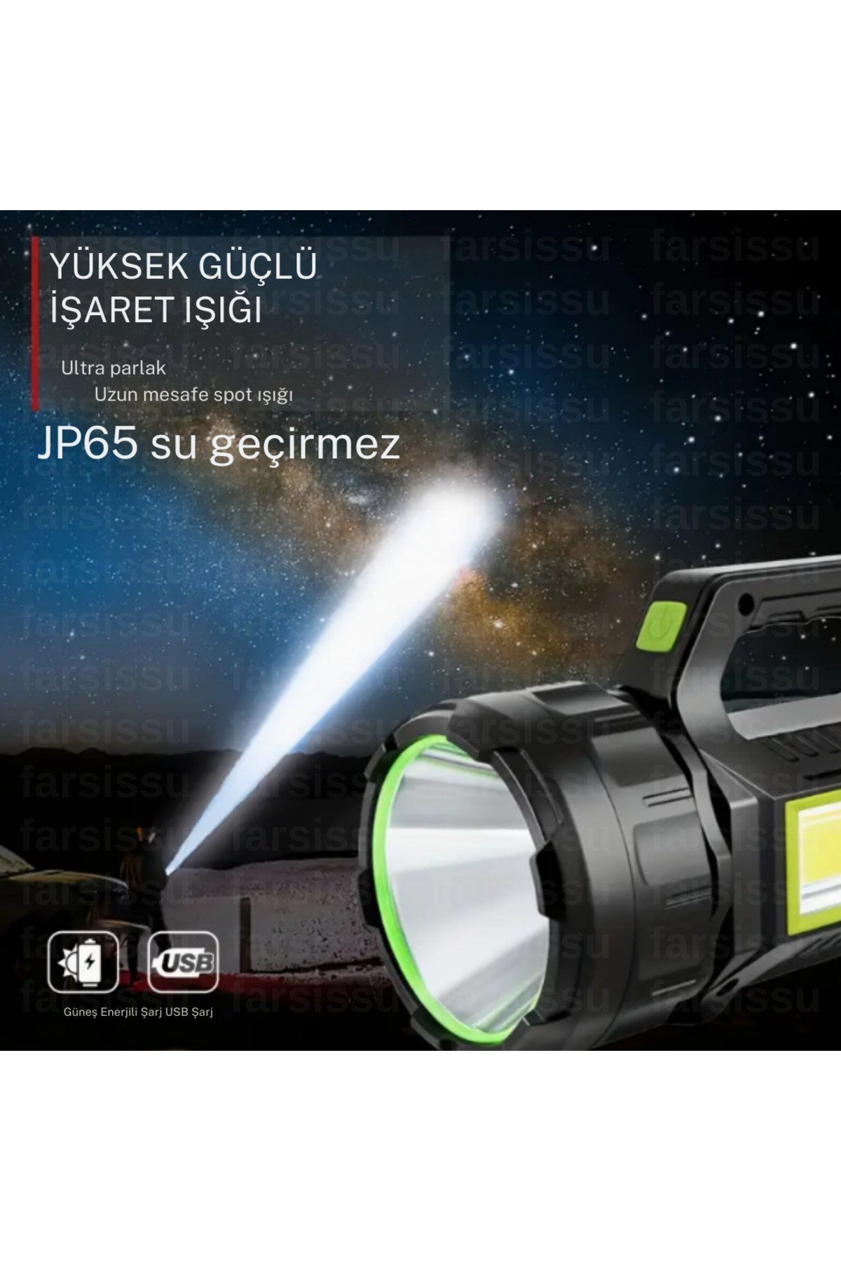 T95 El Feneri – 30W Güneş Panelli Powerbanklı Şarjlı LED Fener deprem ve acil durum feneri