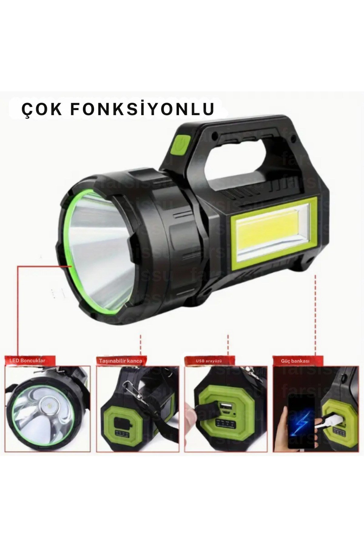 T95 El Feneri – 30W Güneş Panelli Powerbanklı Şarjlı LED Fener deprem ve acil durum feneri