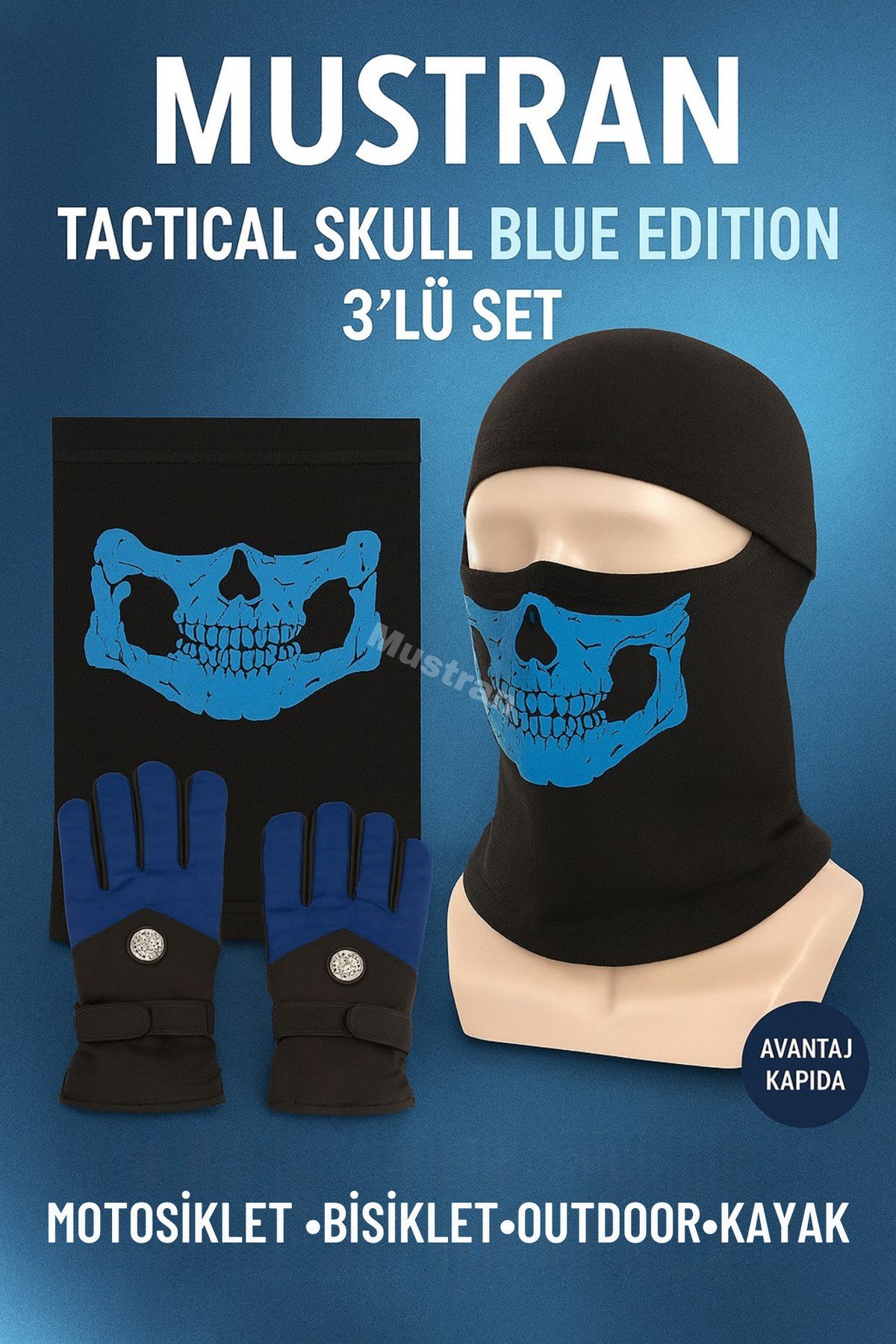 Tactical Skull Blue Edition 3’lü Set – Eldiven L-XL + Boyunluk + Balaklava motosiklet eldiveni