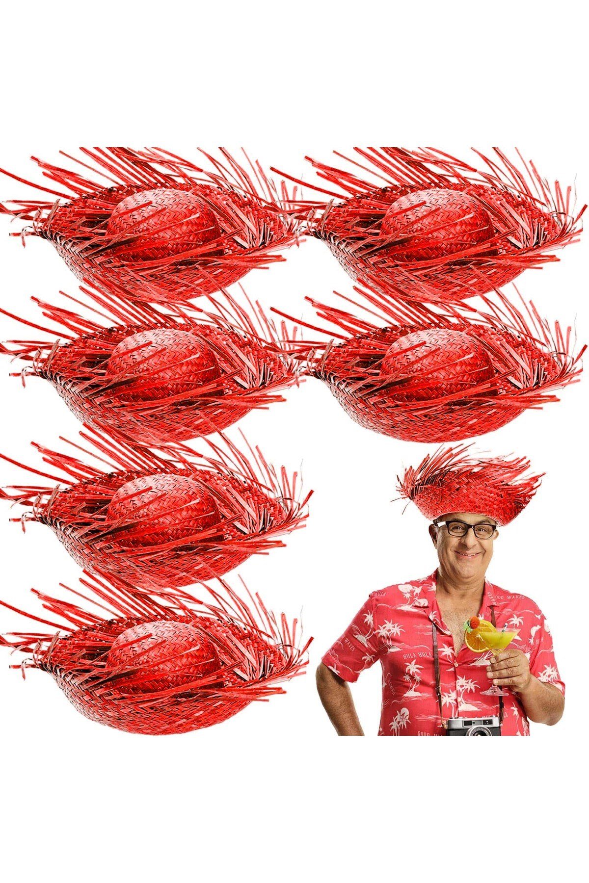 Tropikal Parti Kırmızı Hasır Hawaii Şapkası 13x36 cm