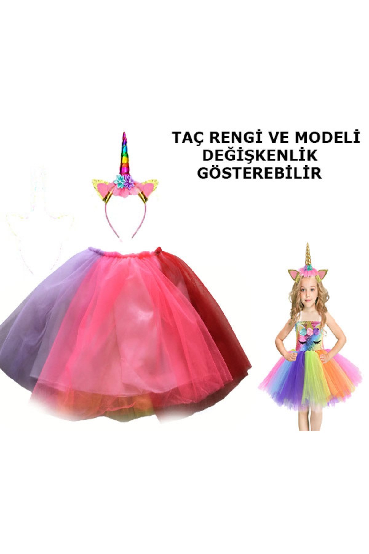 Unicorn Tütü Etek ve Taç Seti - Unicorn Kostüm Seti Çocuk Boy
