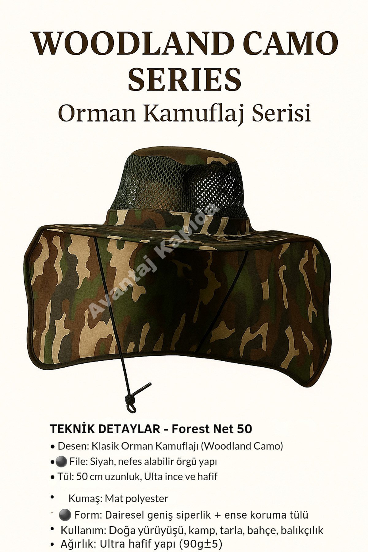 Unisex Enseli Outdoor Şapka – Geniş Tüllü Fileli Model, Rüzgar Geçirmez, Woodland Camo Series