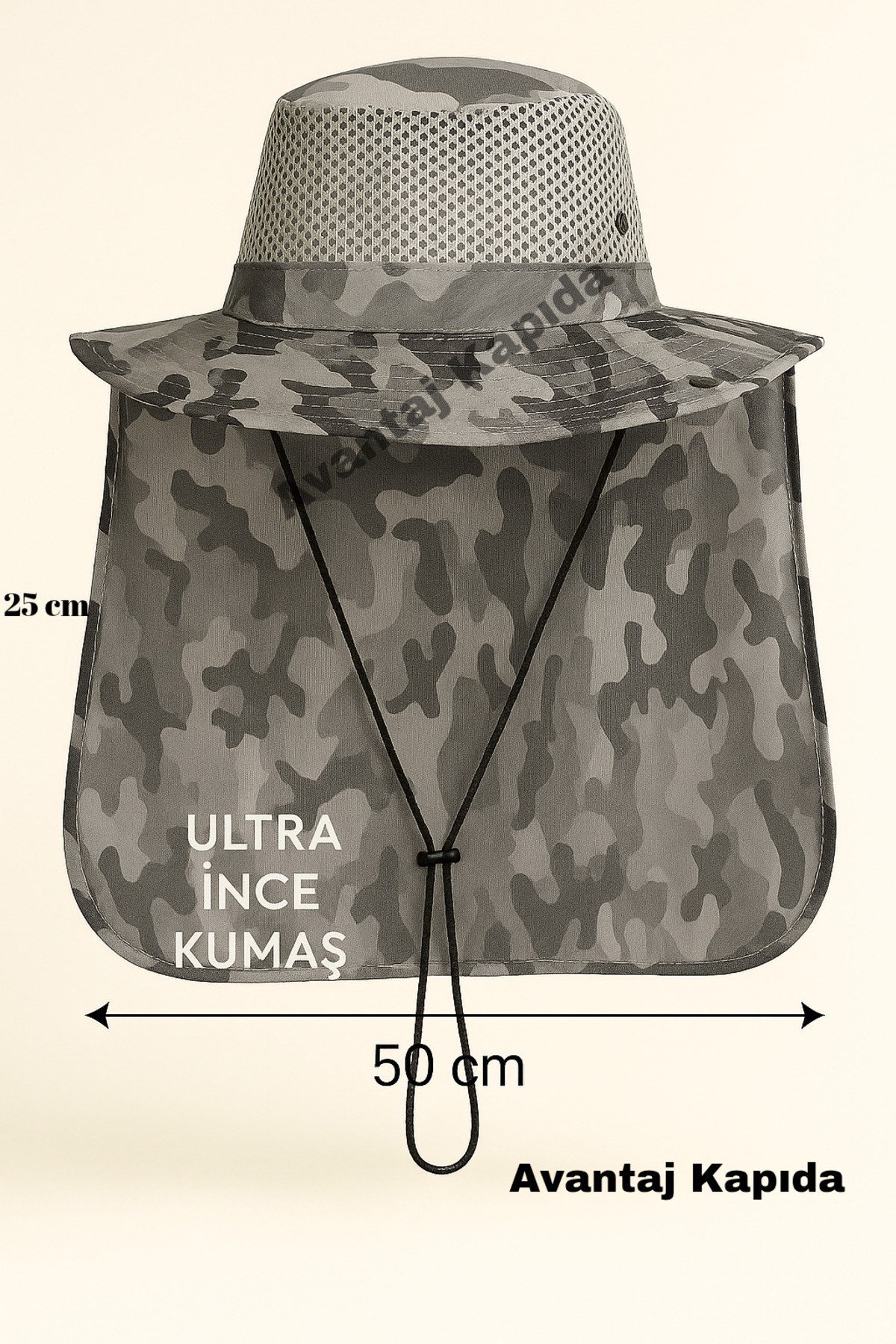 Unisex Şapka–fileli,serin Tutan,rüzgarlıklı Ince Tüllü Enseli 50cm-gri Taktik