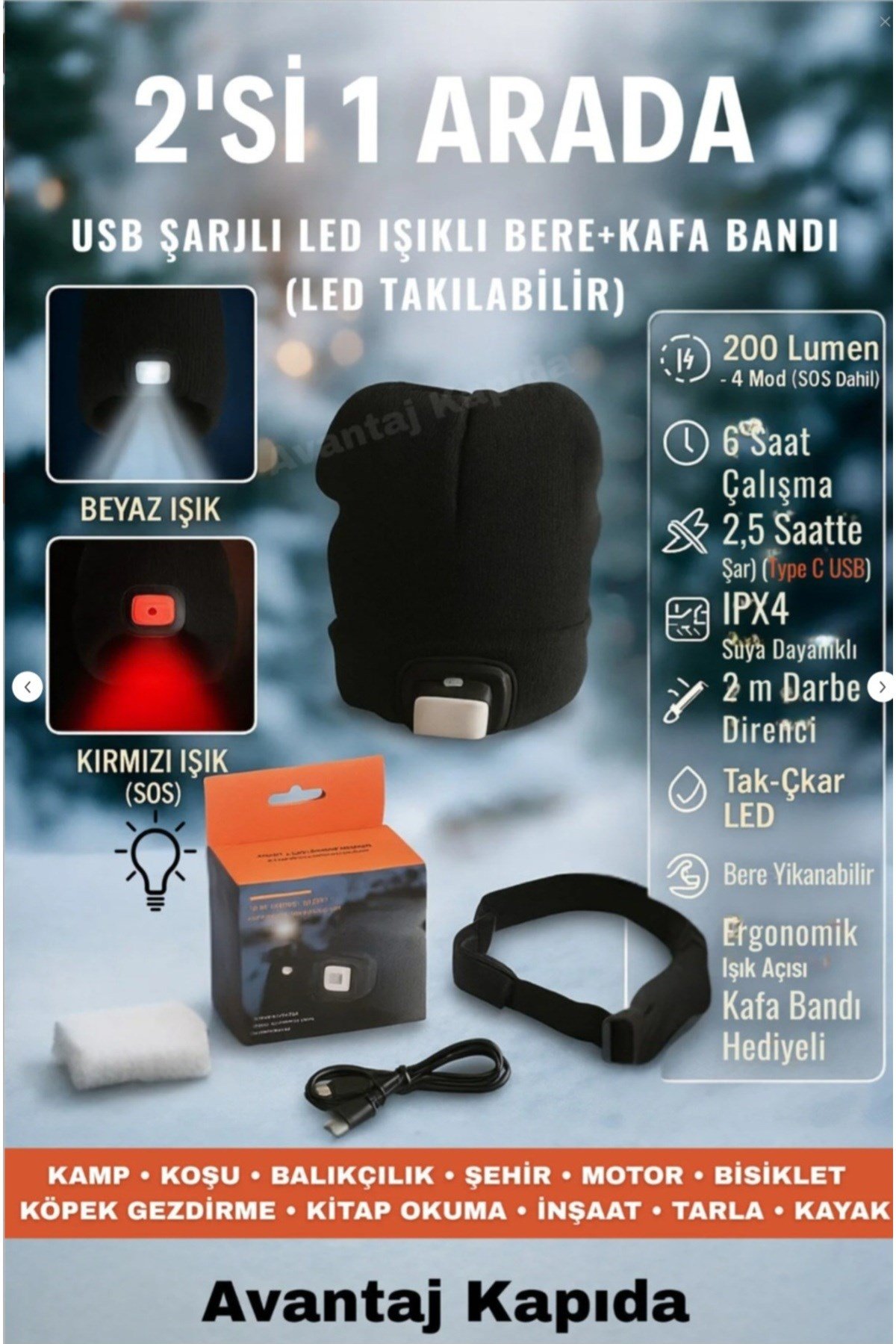 USB Şarjlı Tak Çıkar El Feneri Bere –Kafa Lambalı Triko Şapka | 4 Mod (SOS) |Kafa Lambası Hediyeli