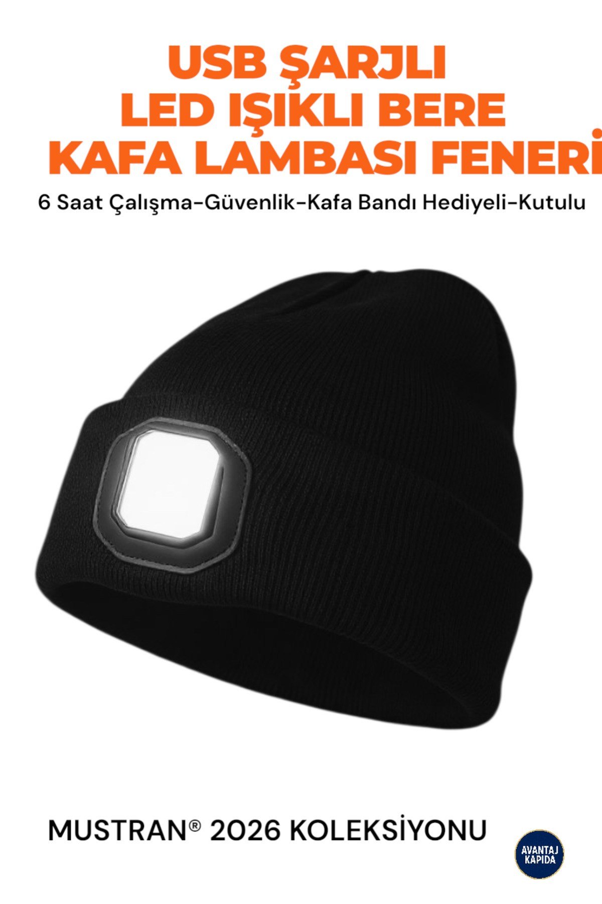 USB Şarjlı Tak Çıkar El Feneri Bere –Kafa Lambalı Triko Şapka | 4 Mod (SOS) |Kafa Lambası Hediyeli